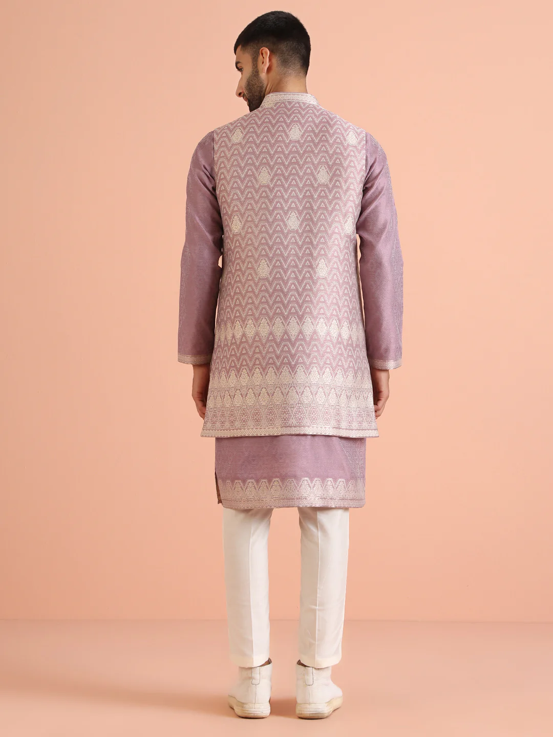 Pink Silk Blend Woven Nehru Jacket Kurta Trouser - Image 4
