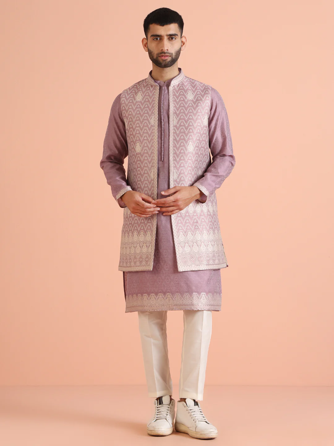 Pink Silk Blend Woven Nehru Jacket Kurta Trouser - Image 7