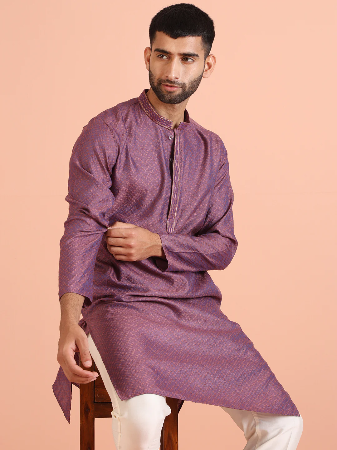 Purple Art Silk Textured Kurta - Image 6