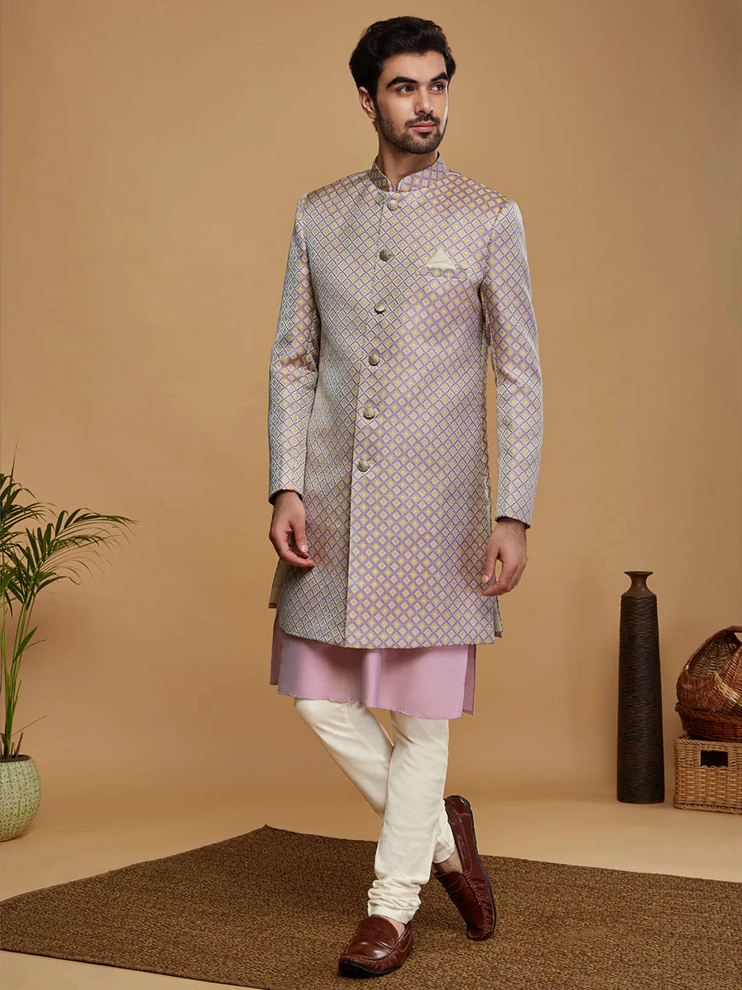 Men Lilac Textured Kurta Indowestern Churidar Set - Image 3