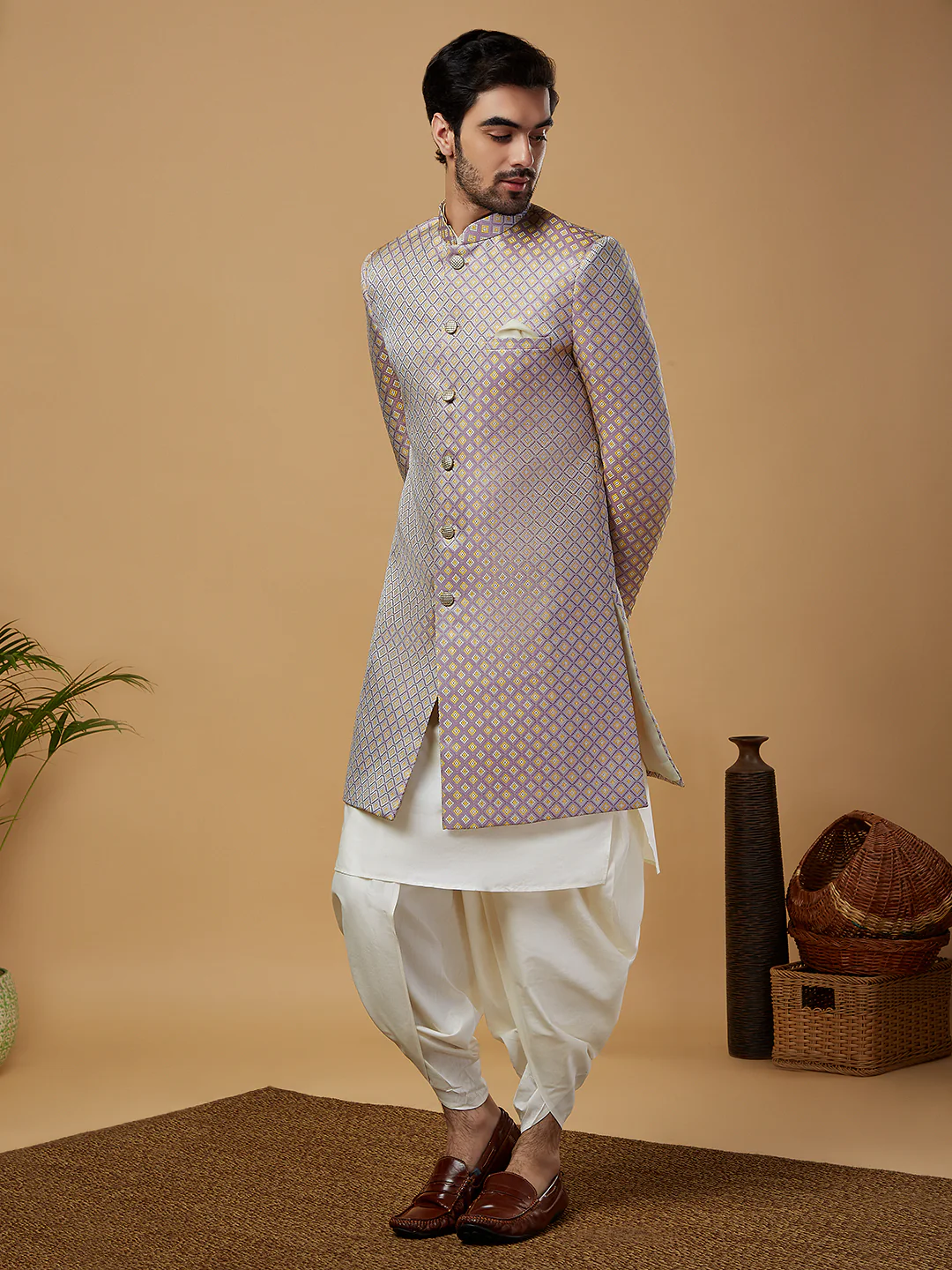 Men Mauve Kurta Sherwani Dhoti Set - Image 3
