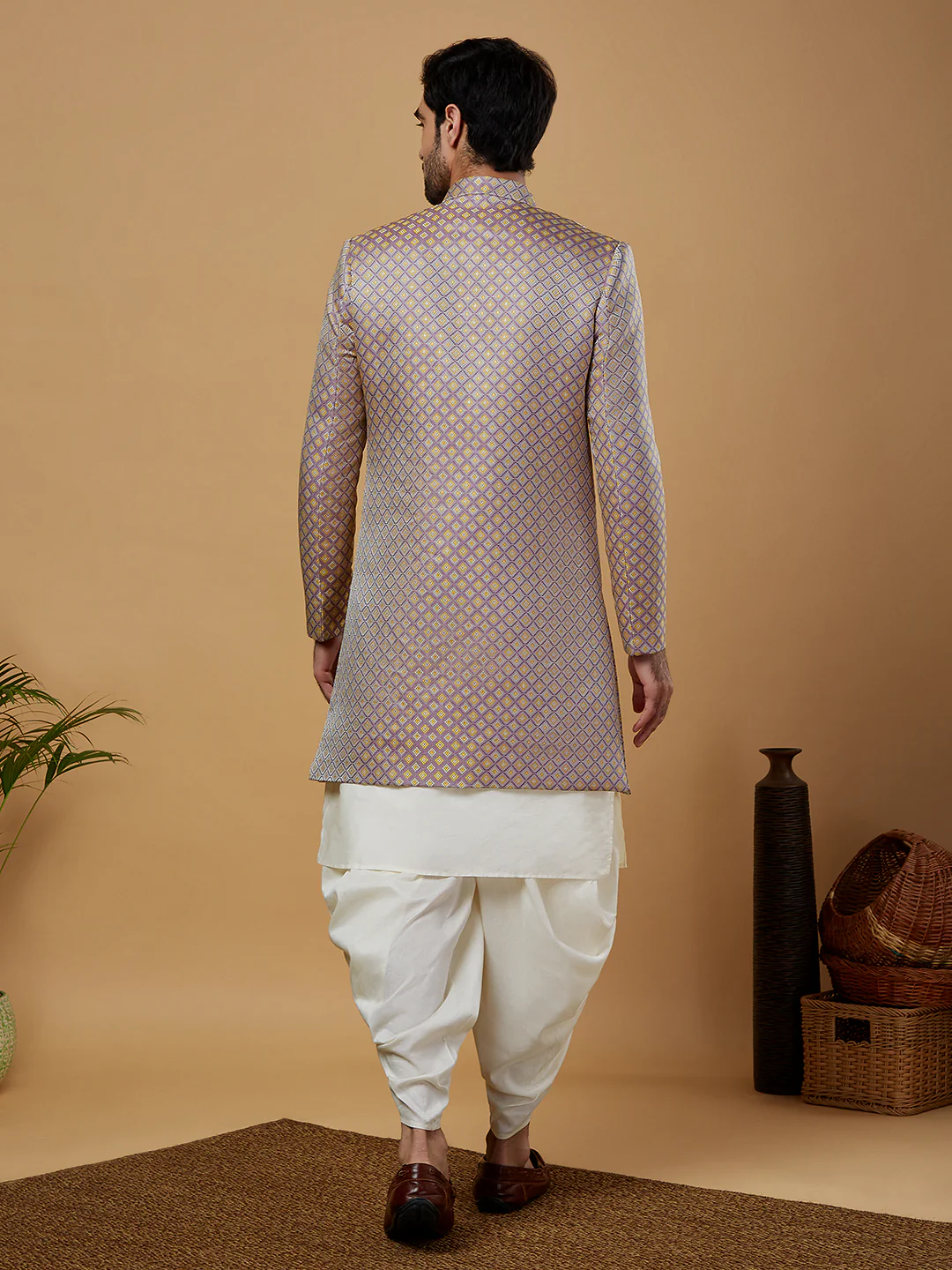 Men Mauve Kurta Sherwani Dhoti Set - Image 4