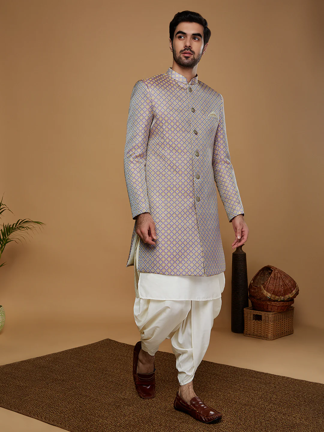 Men Mauve Kurta Sherwani Dhoti Set - Image 8