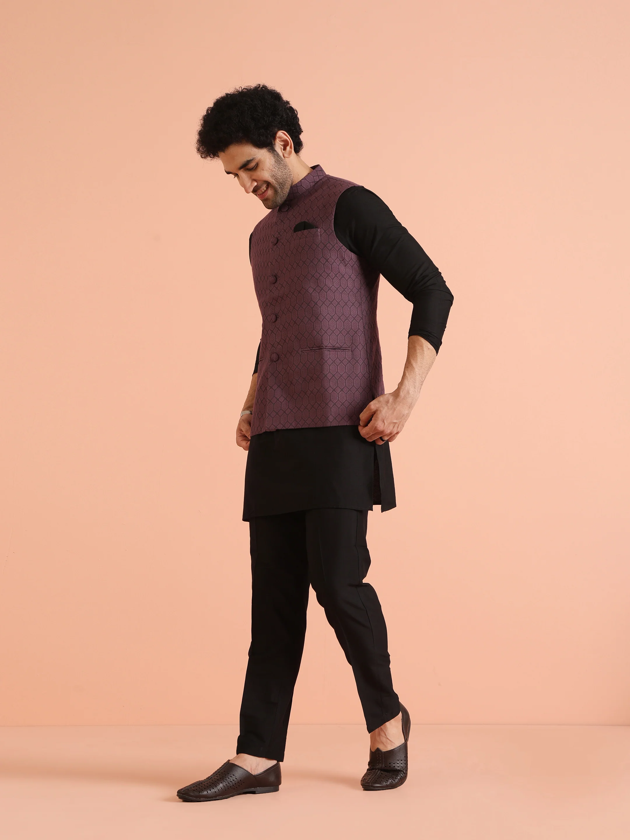 Mauve Woven Nehru Jacket Kurta Trouser Set - Image 3