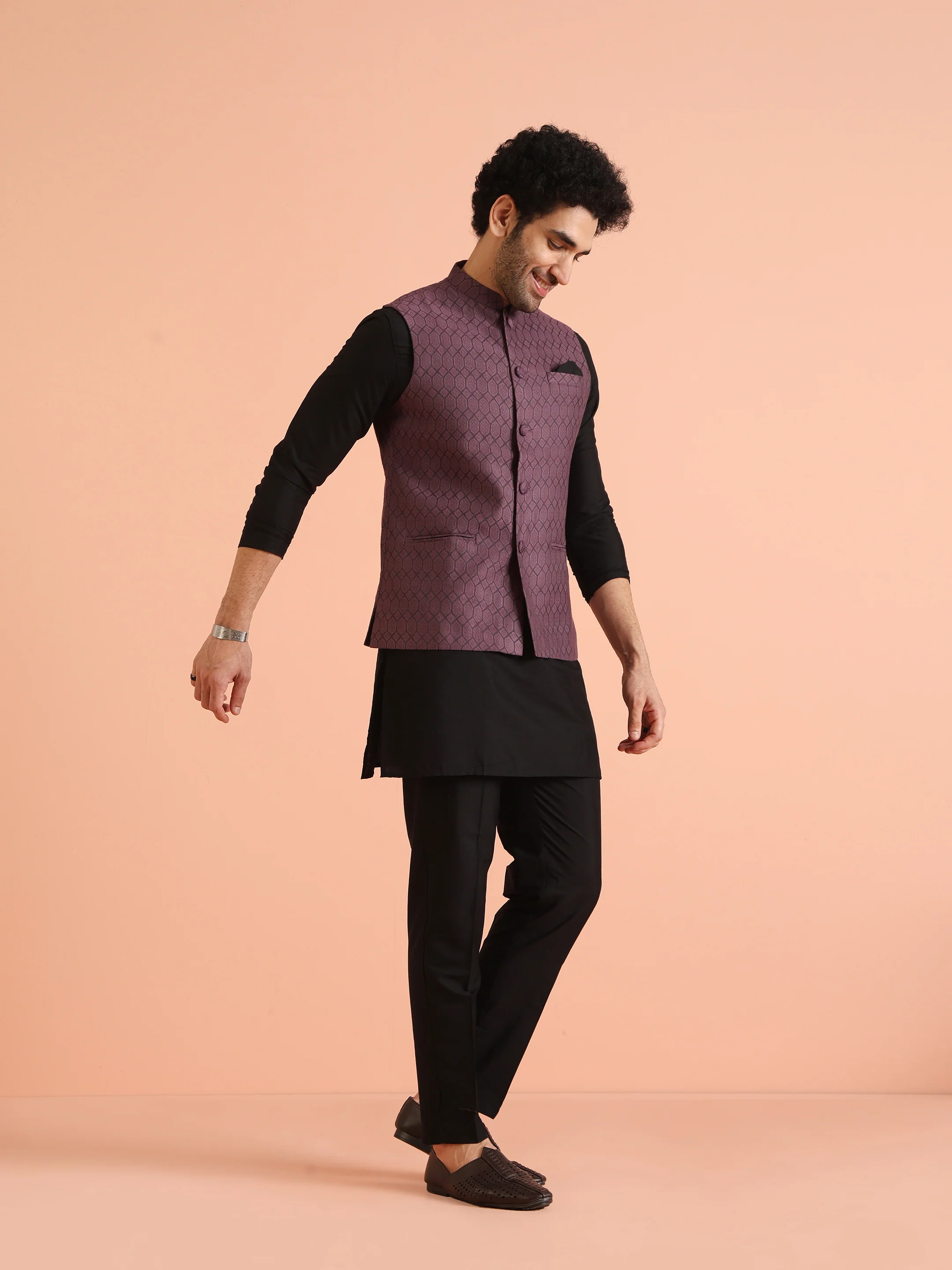 Mauve Woven Nehru Jacket Kurta Trouser Set - Image 4