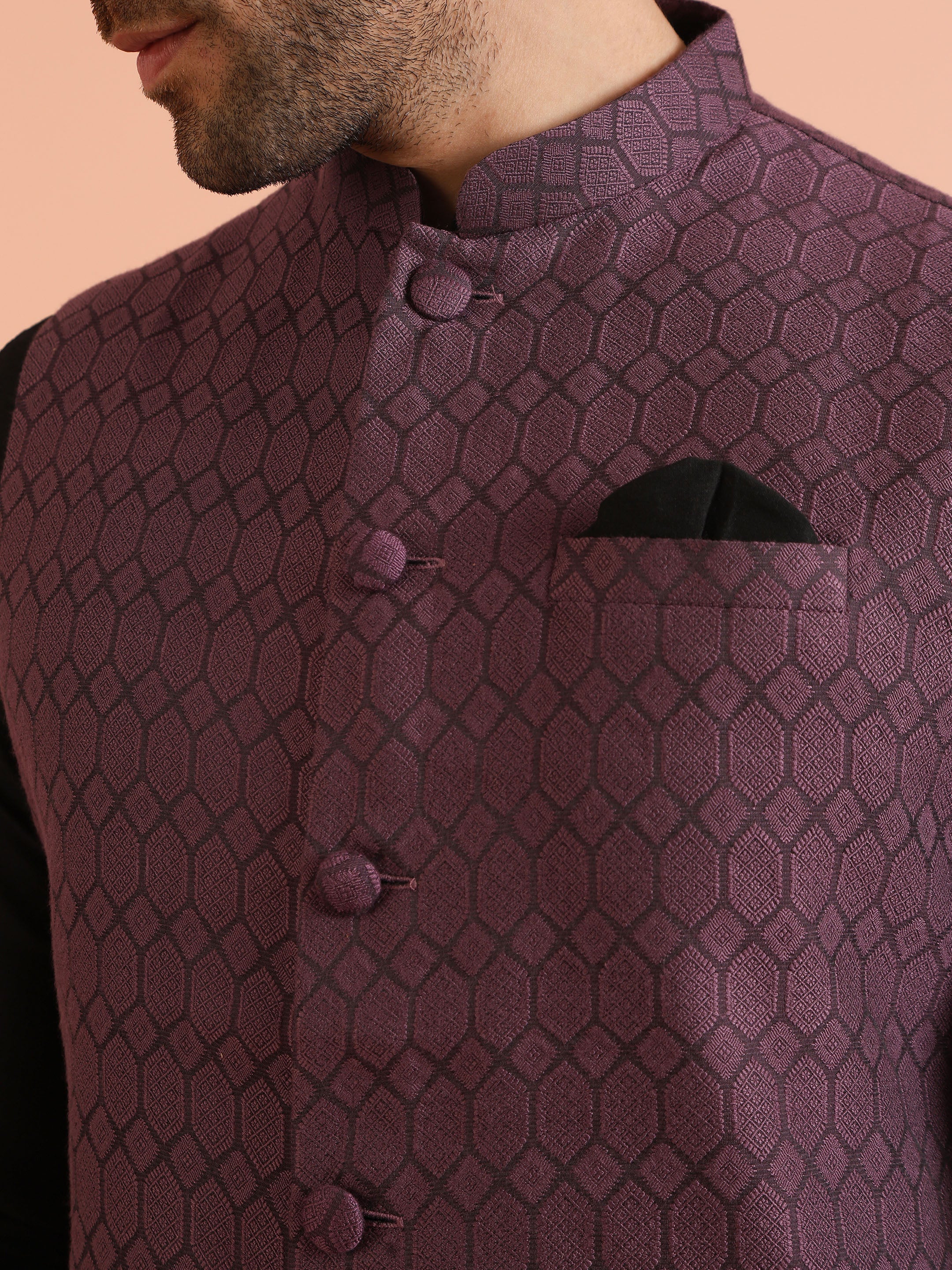 Mauve Woven Nehru Jacket Kurta Trouser Set - Image 6