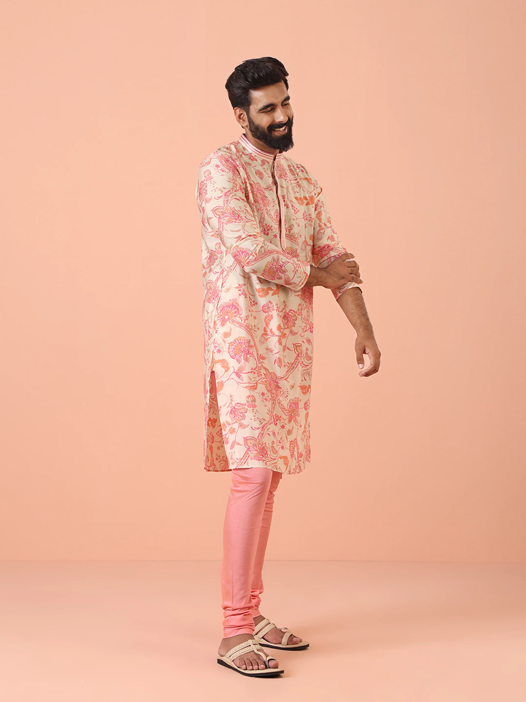 Cream Floral Printed Kurta Churidar Set - Image 4