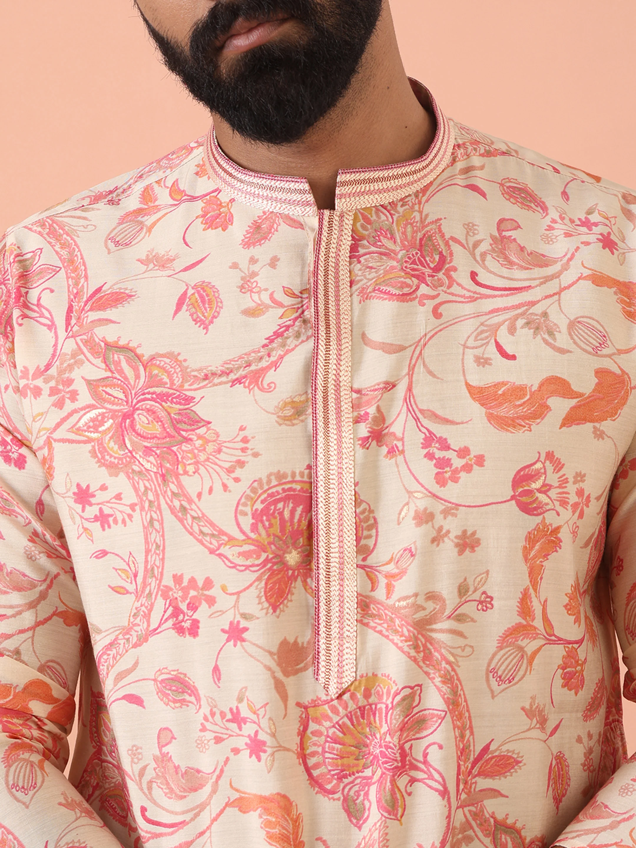 Cream Pink Floral Printed Kurta - Image 6