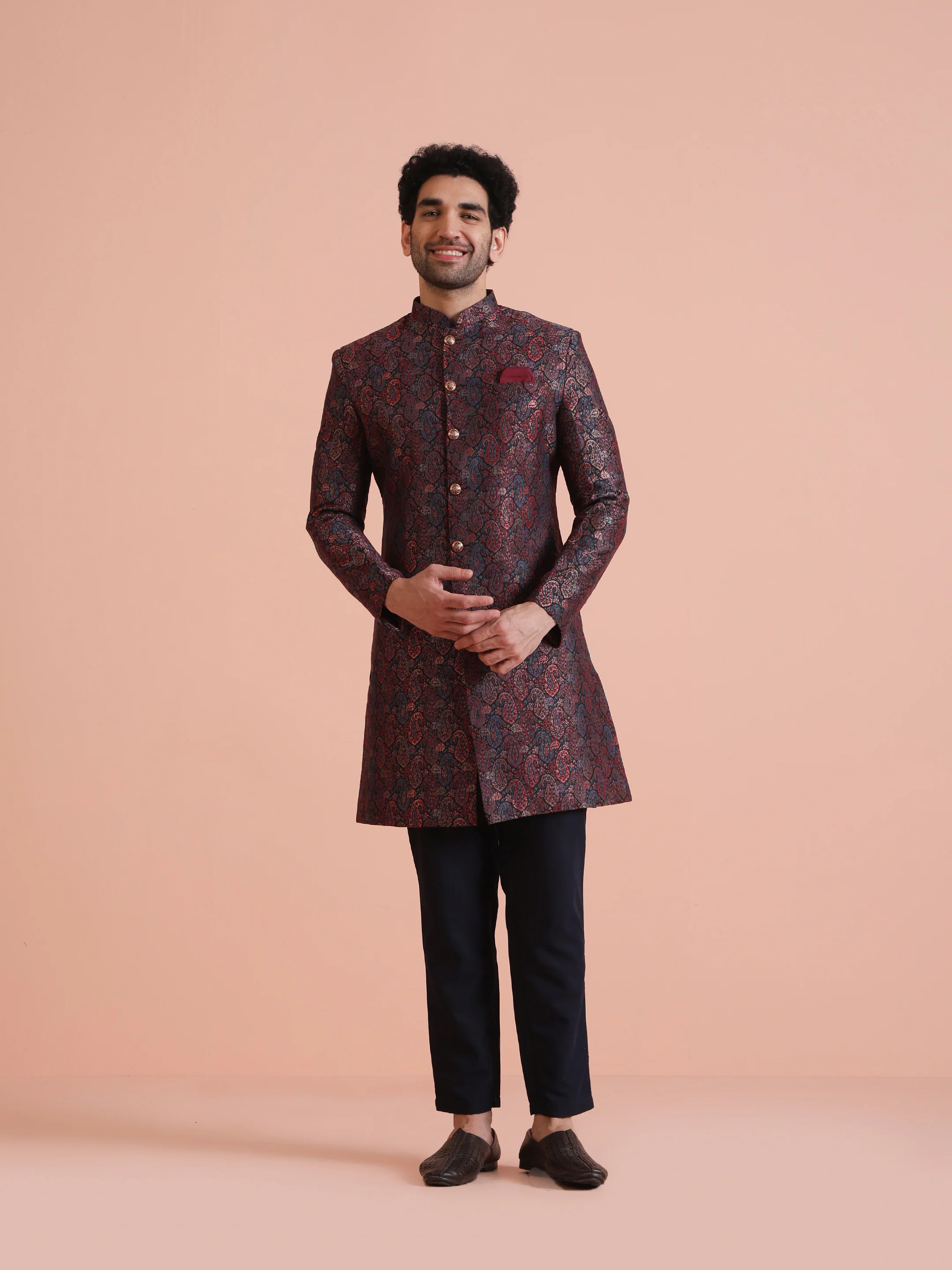 Maroon Silk Blend Paisley Indowestern Sherwani - Image 4