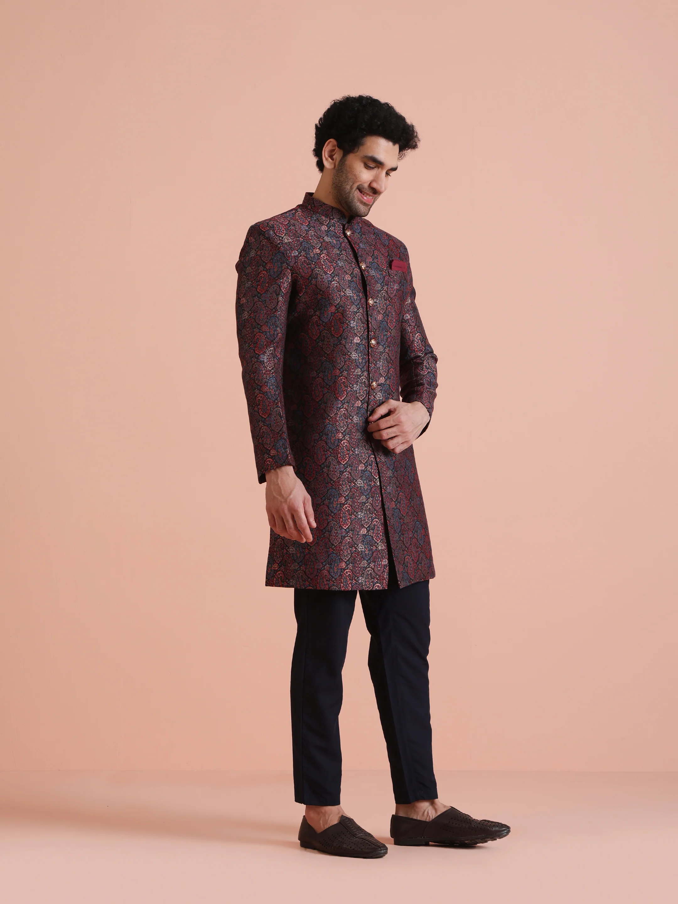 Maroon Silk Blend Paisley Indowestern Sherwani - Image 6