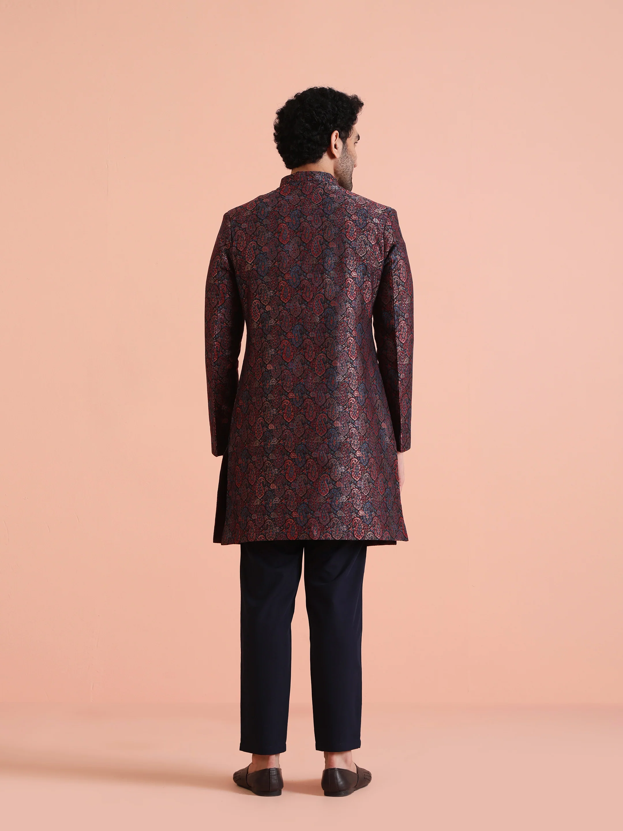 Maroon Silk Blend Paisley Indowestern Sherwani - Image 7