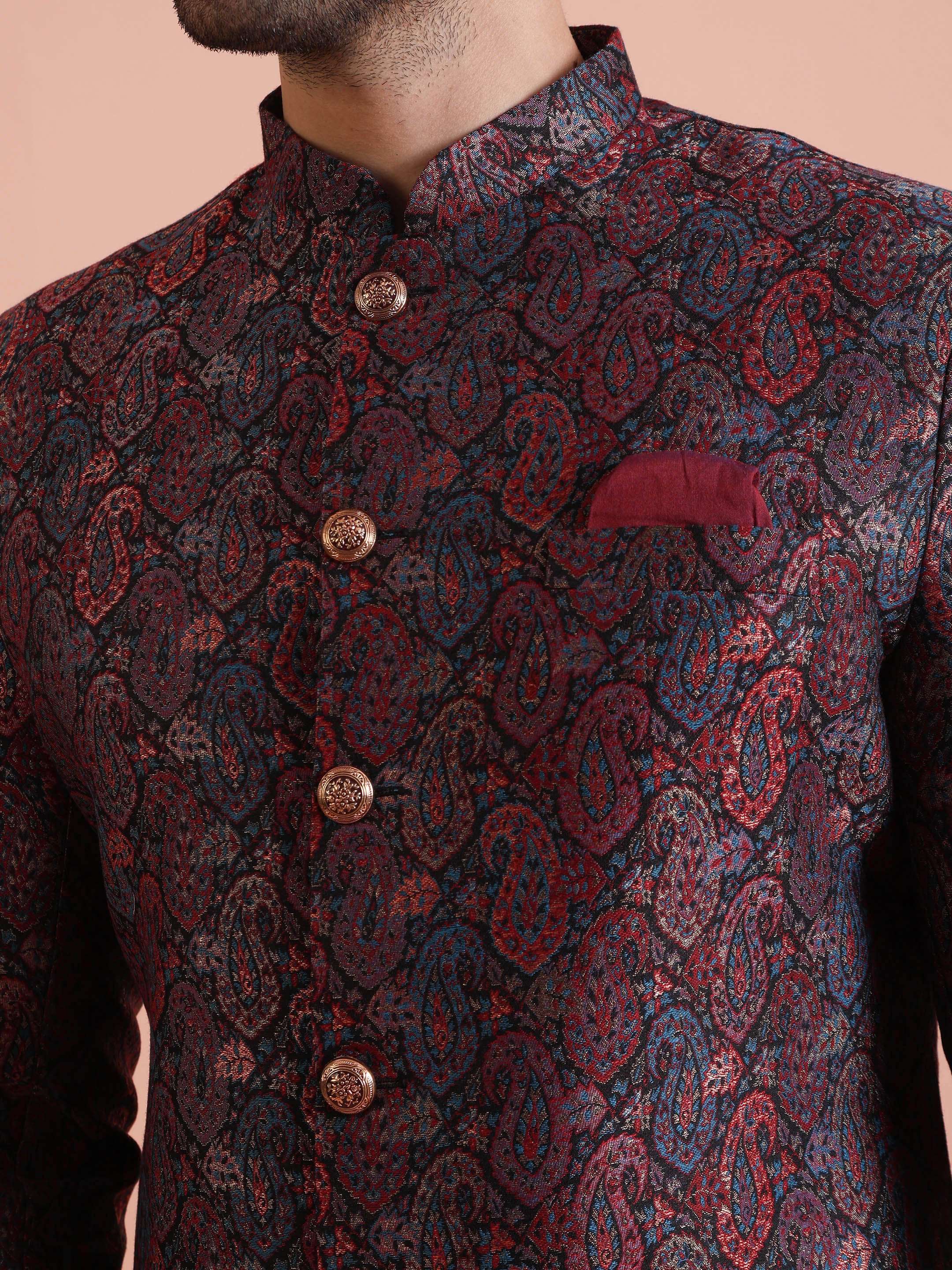 Maroon Silk Blend Paisley Indowestern Sherwani - Image 8