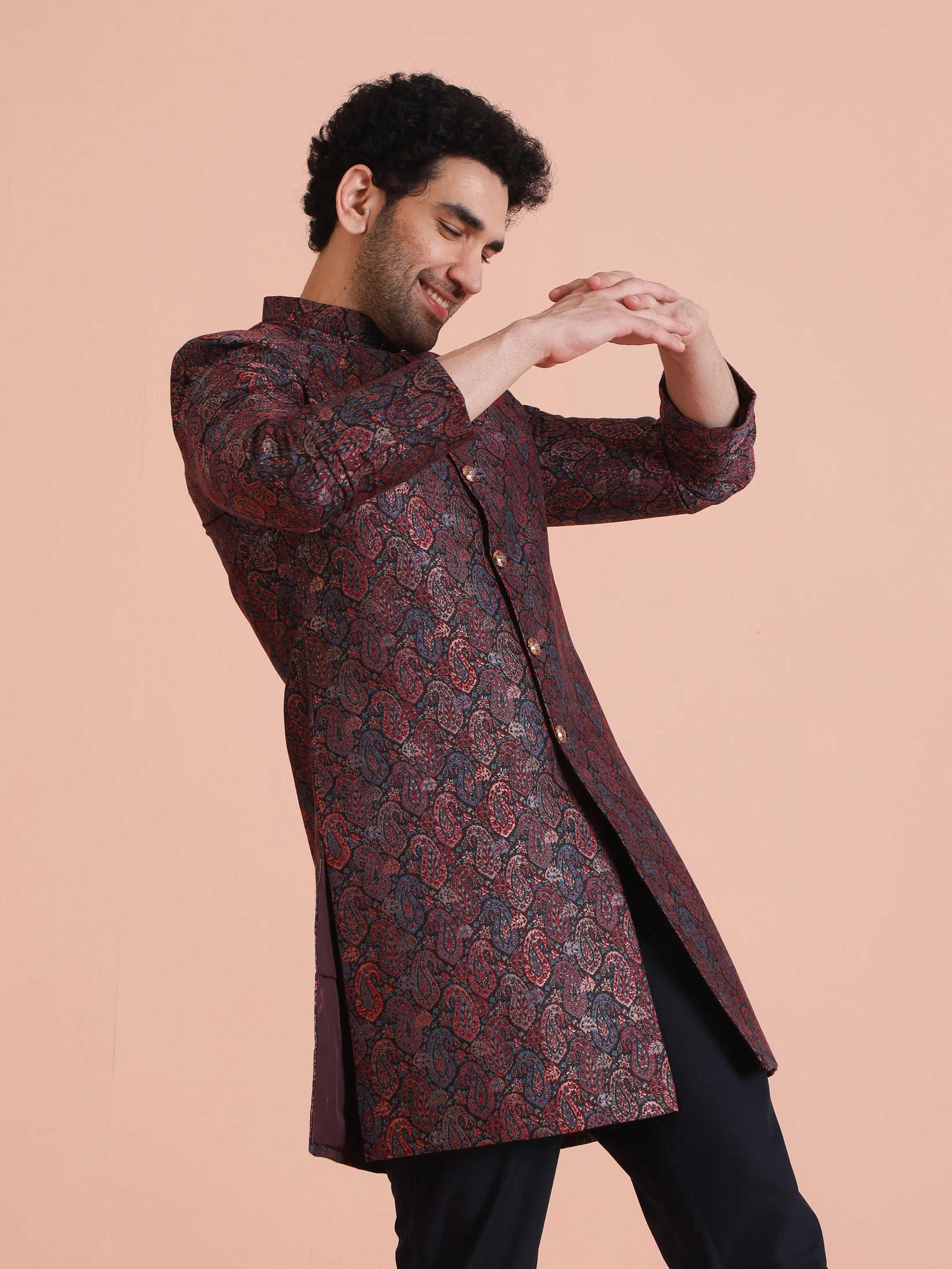Maroon Silk Blend Paisley Indowestern Sherwani - Image 9