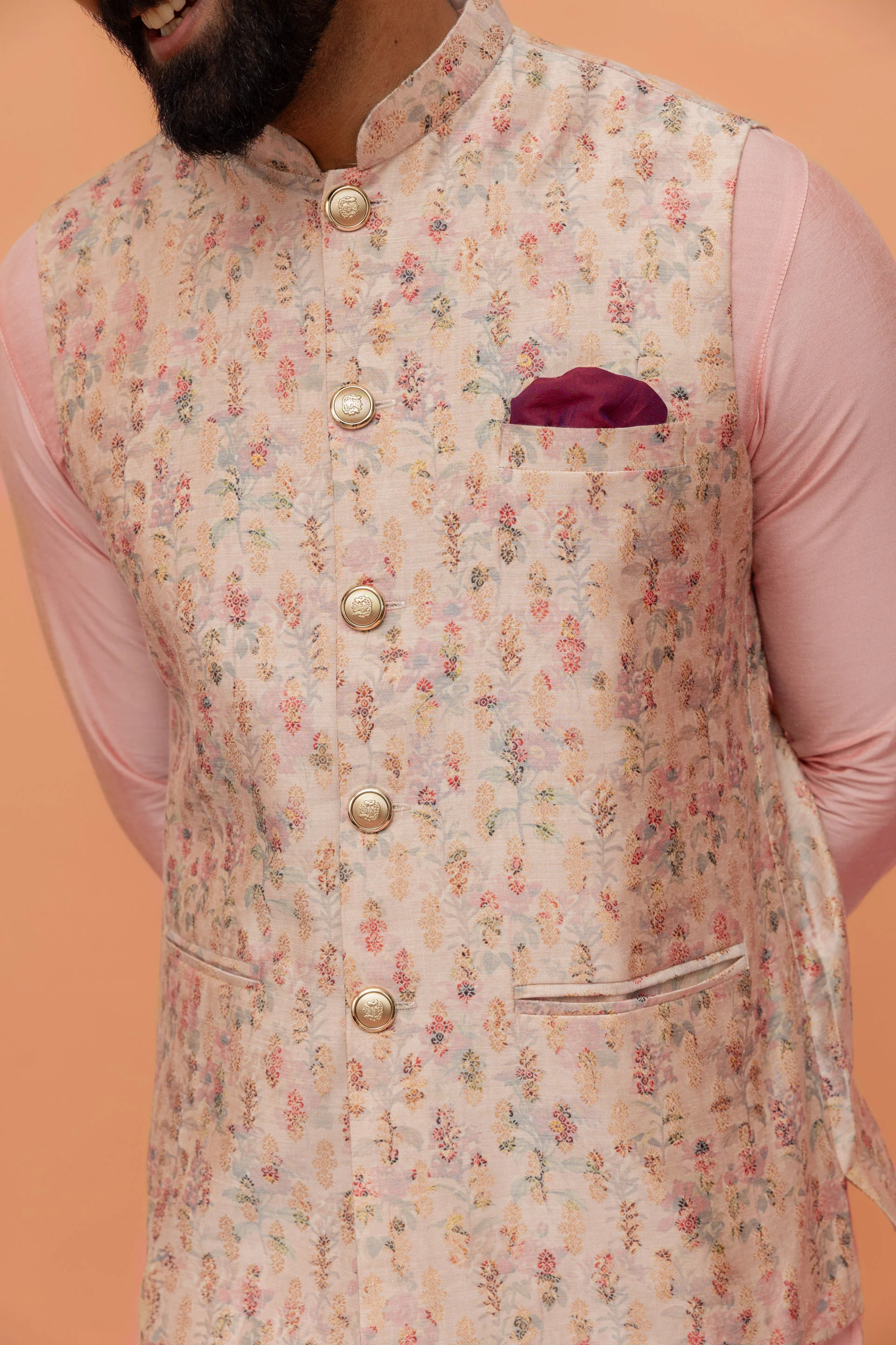 Multicolour Floral Jacquard Jacket Kurta Churidar Set - Image 5