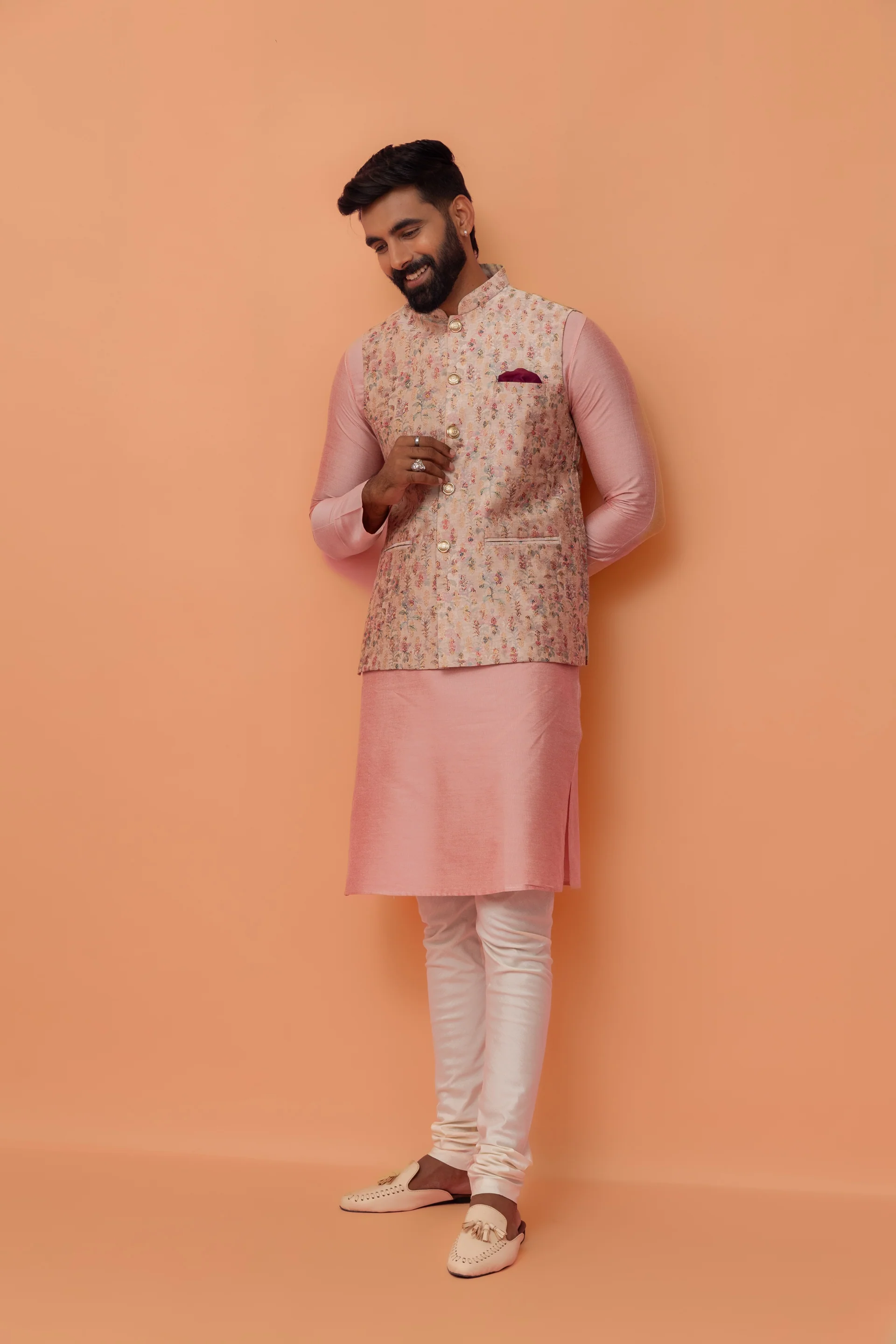 Multicolour Floral Jacquard Jacket Kurta Churidar Set - Image 8