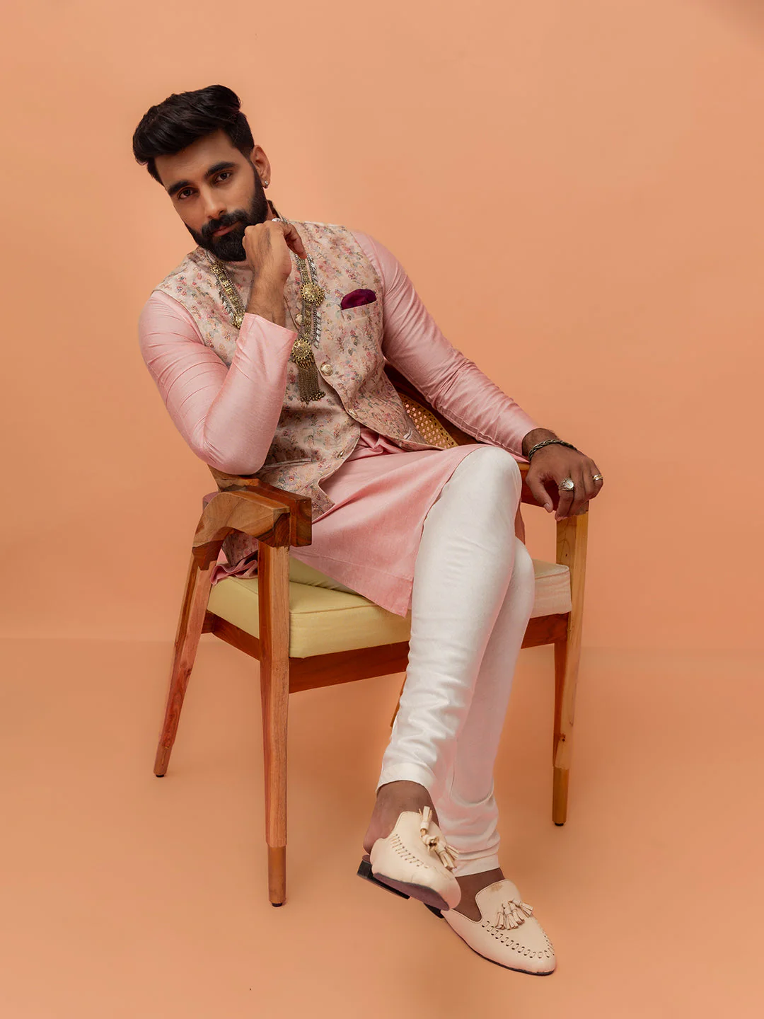 Multicolour Floral Jacquard Jacket Kurta Churidar Set - Image 9