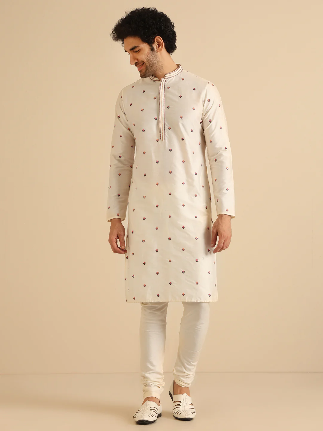 Cream Silk Blend Embroidered Kurta Churidar Set - Image 2
