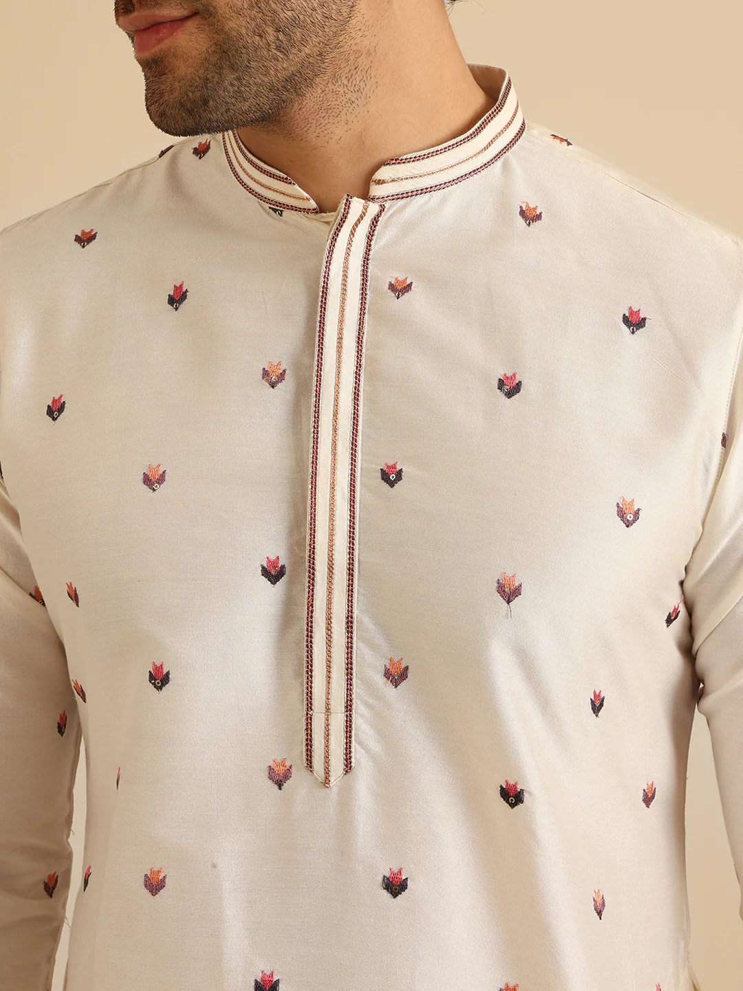 Cream Silk Blend Embroidered Kurta Churidar Set - Image 6