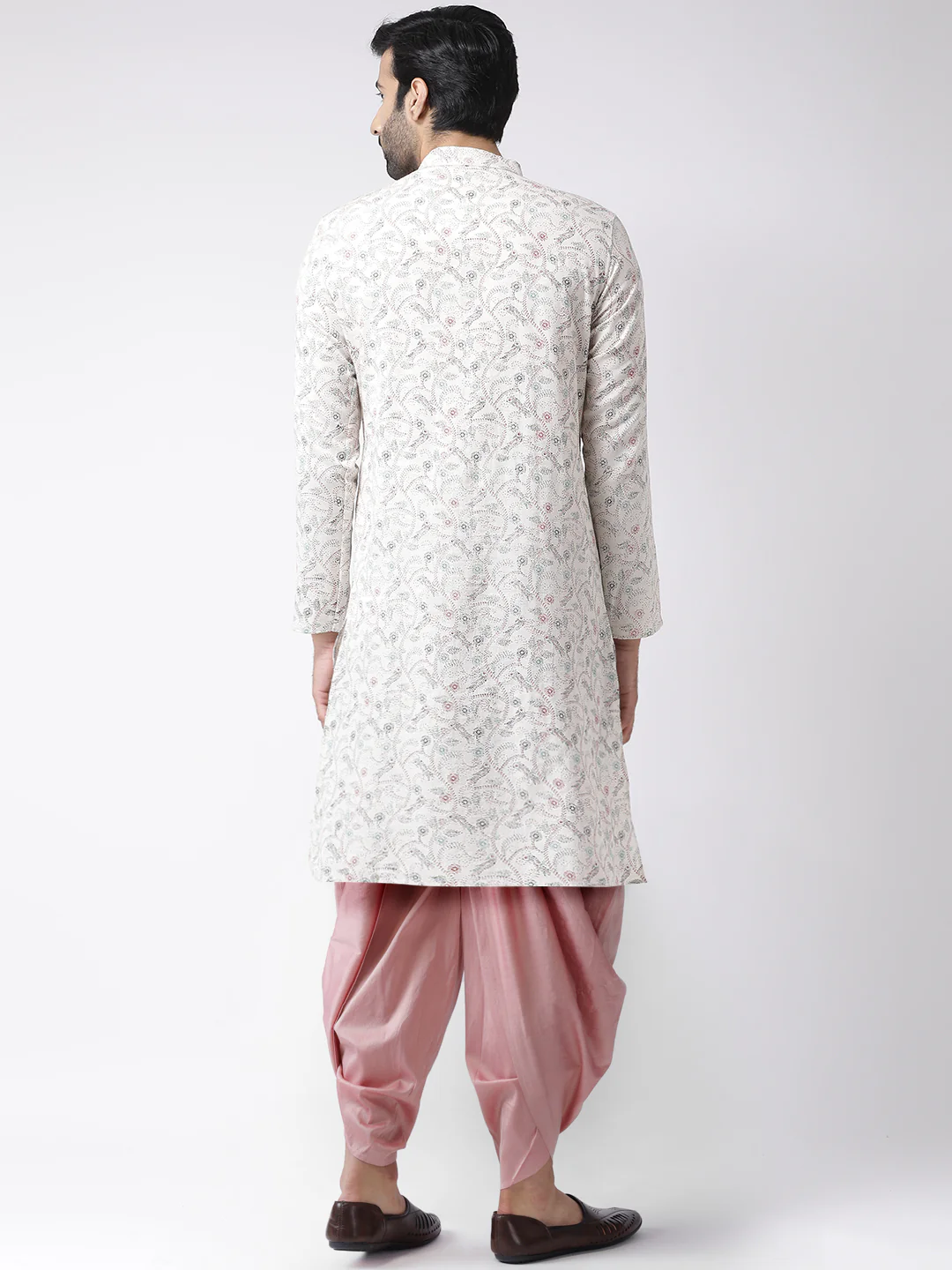 Beige Silk Blend Printed Kurta with Floral Motifs and Pink Dhoti Pants – Festive & Wedding Ensemble - Image 4
