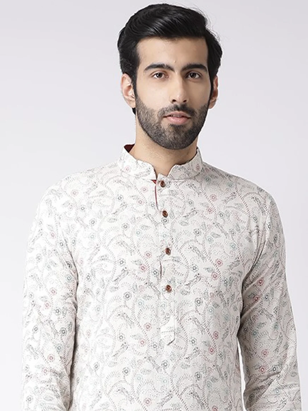 Beige Silk Blend Printed Kurta with Floral Motifs and Pink Dhoti Pants – Festive & Wedding Ensemble - Image 5
