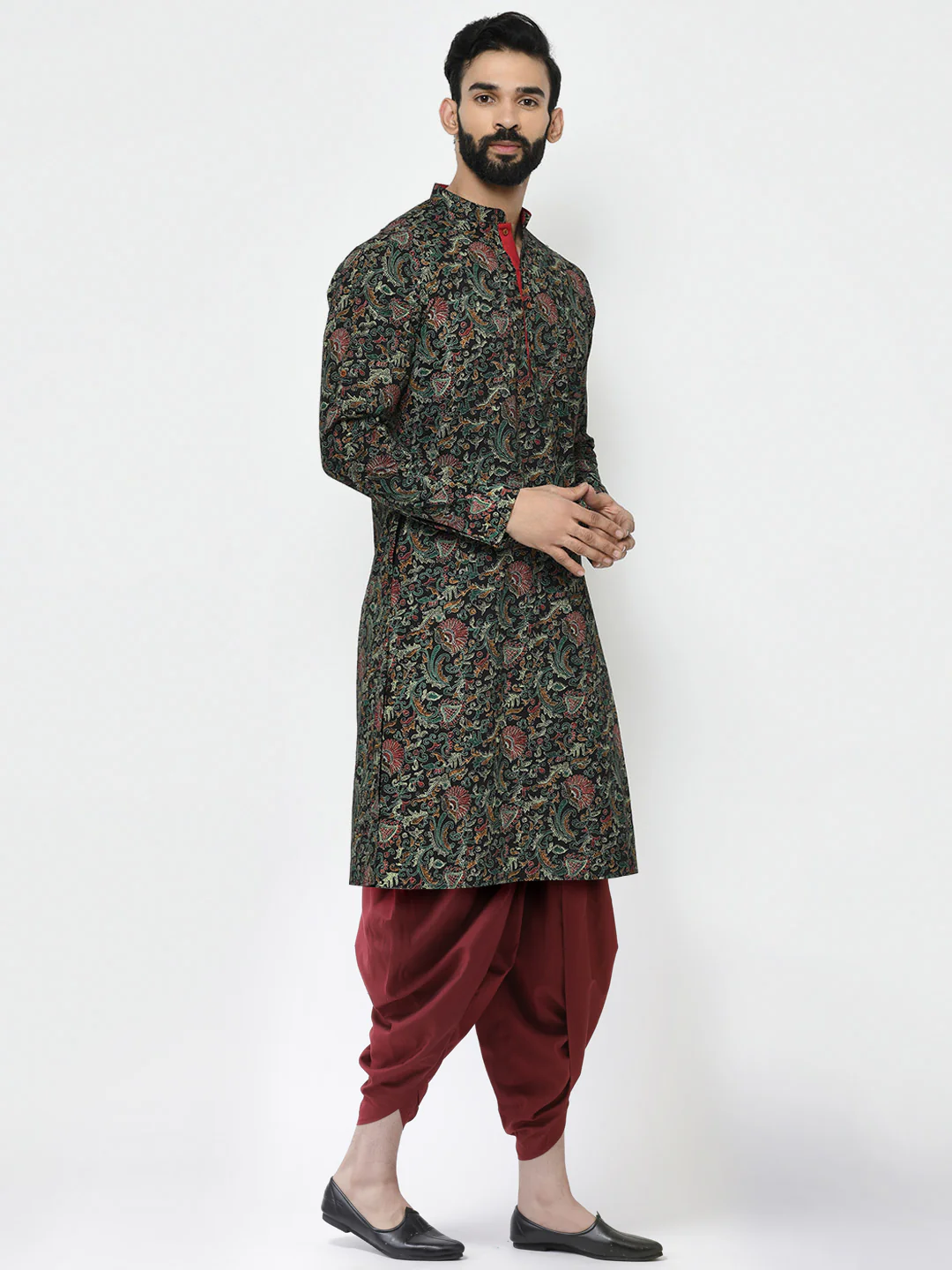 Black Printed Cotton Kurta Dhoti Set - Image 2