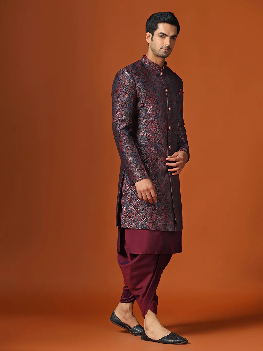 Maroon Silk Blend Jacquard Sherwani Dhoti Set - Image 2