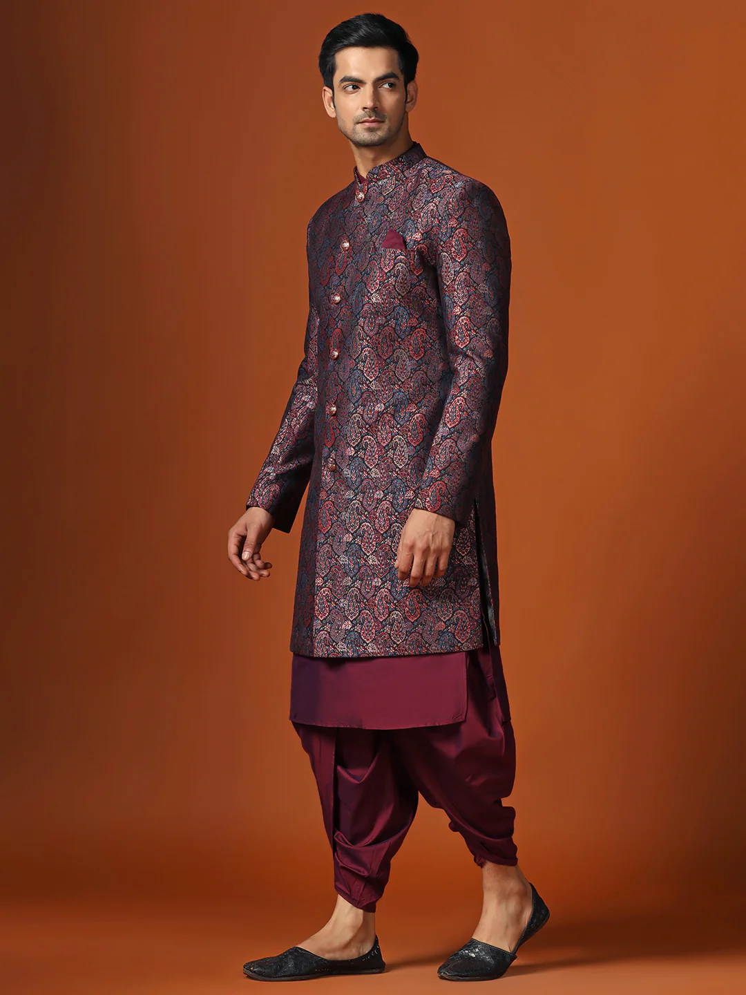 Maroon Silk Blend Jacquard Sherwani Dhoti Set - Image 3