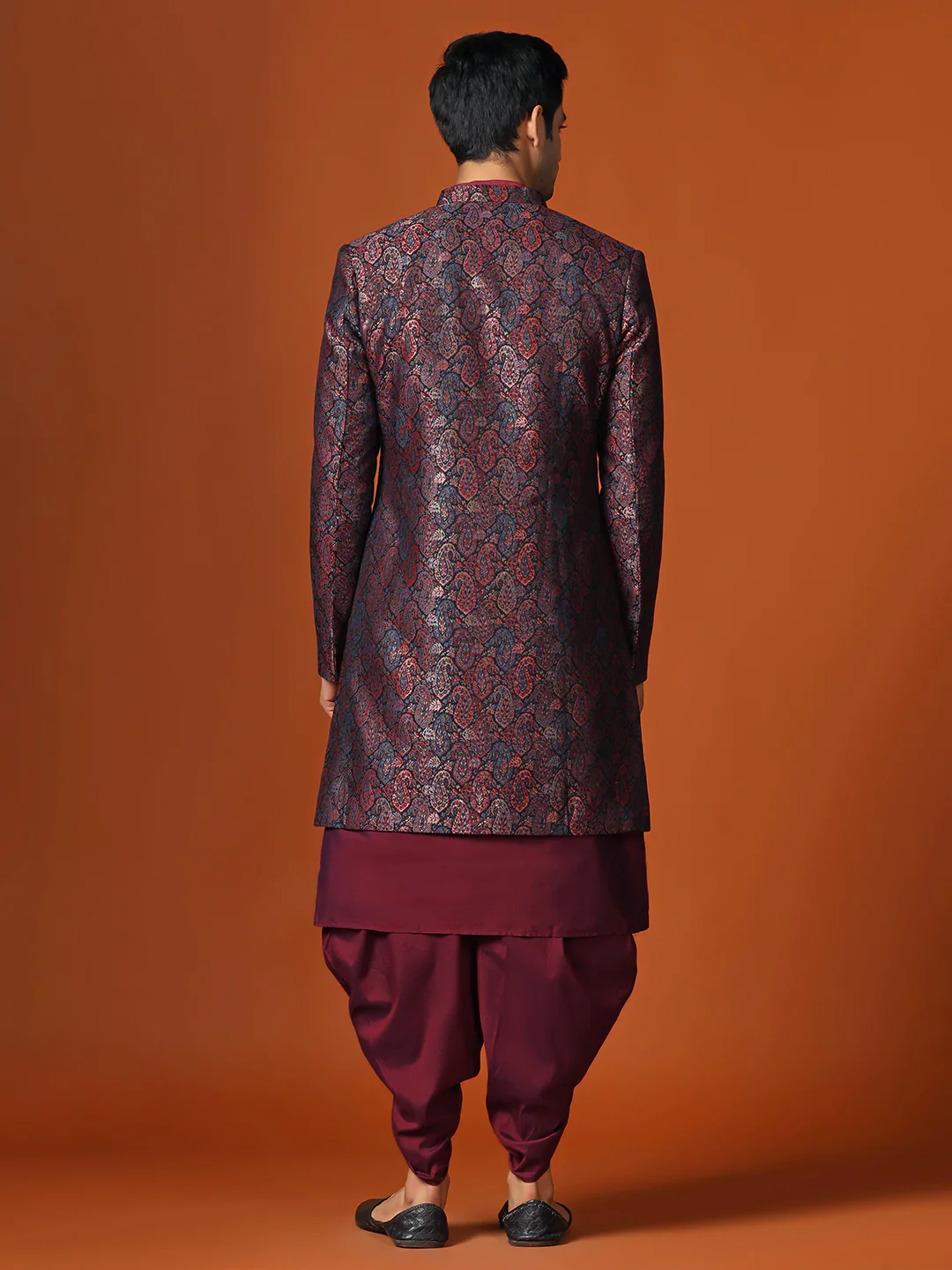 Maroon Silk Blend Jacquard Sherwani Dhoti Set - Image 4