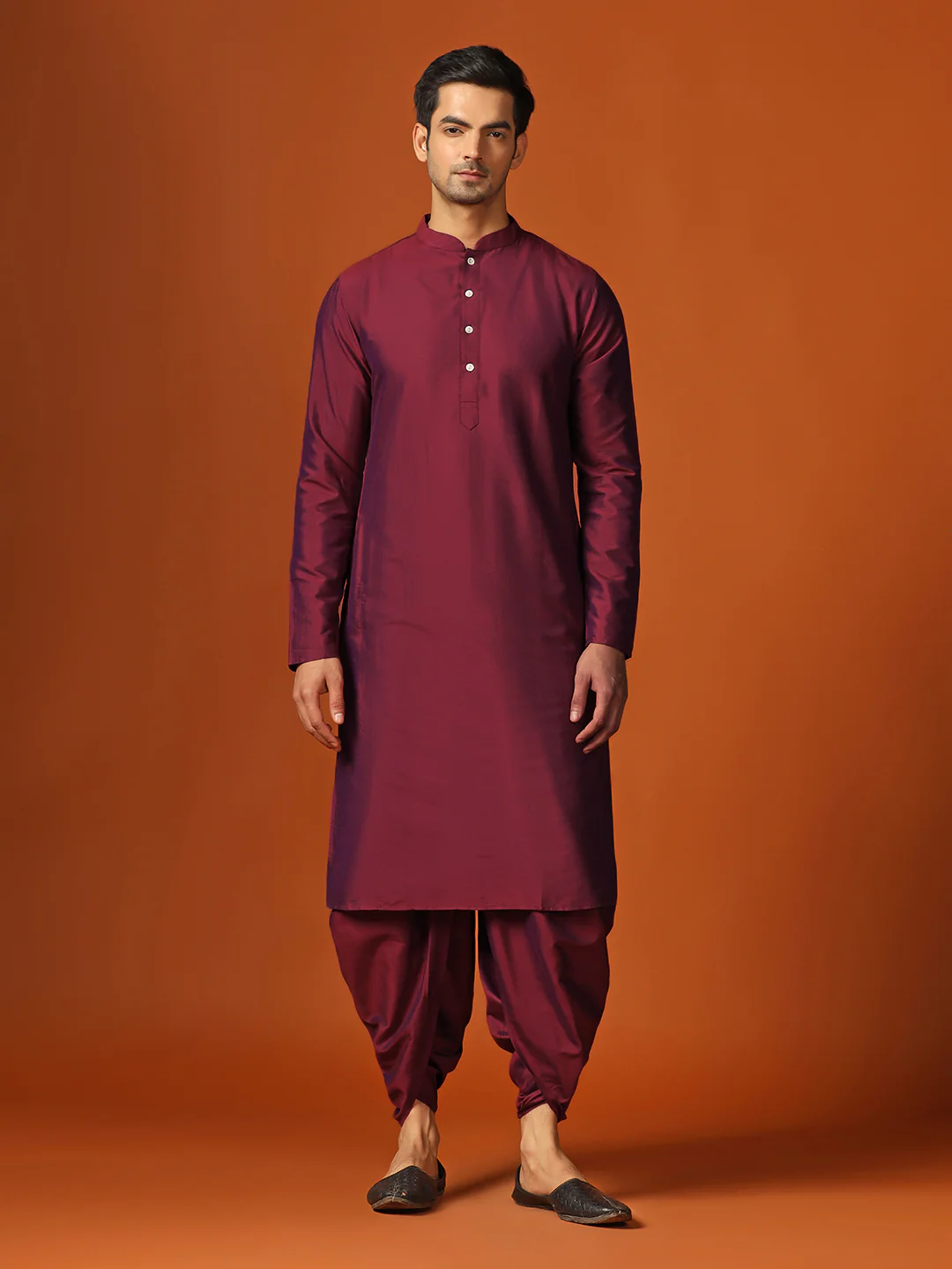 Maroon Silk Blend Jacquard Sherwani Dhoti Set - Image 6