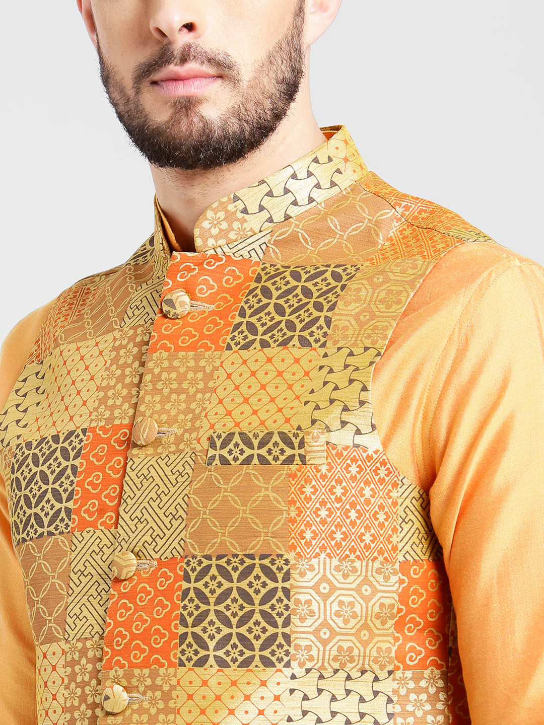 Orange Kurta with Patchwork Jacket & Churidar - Image 4