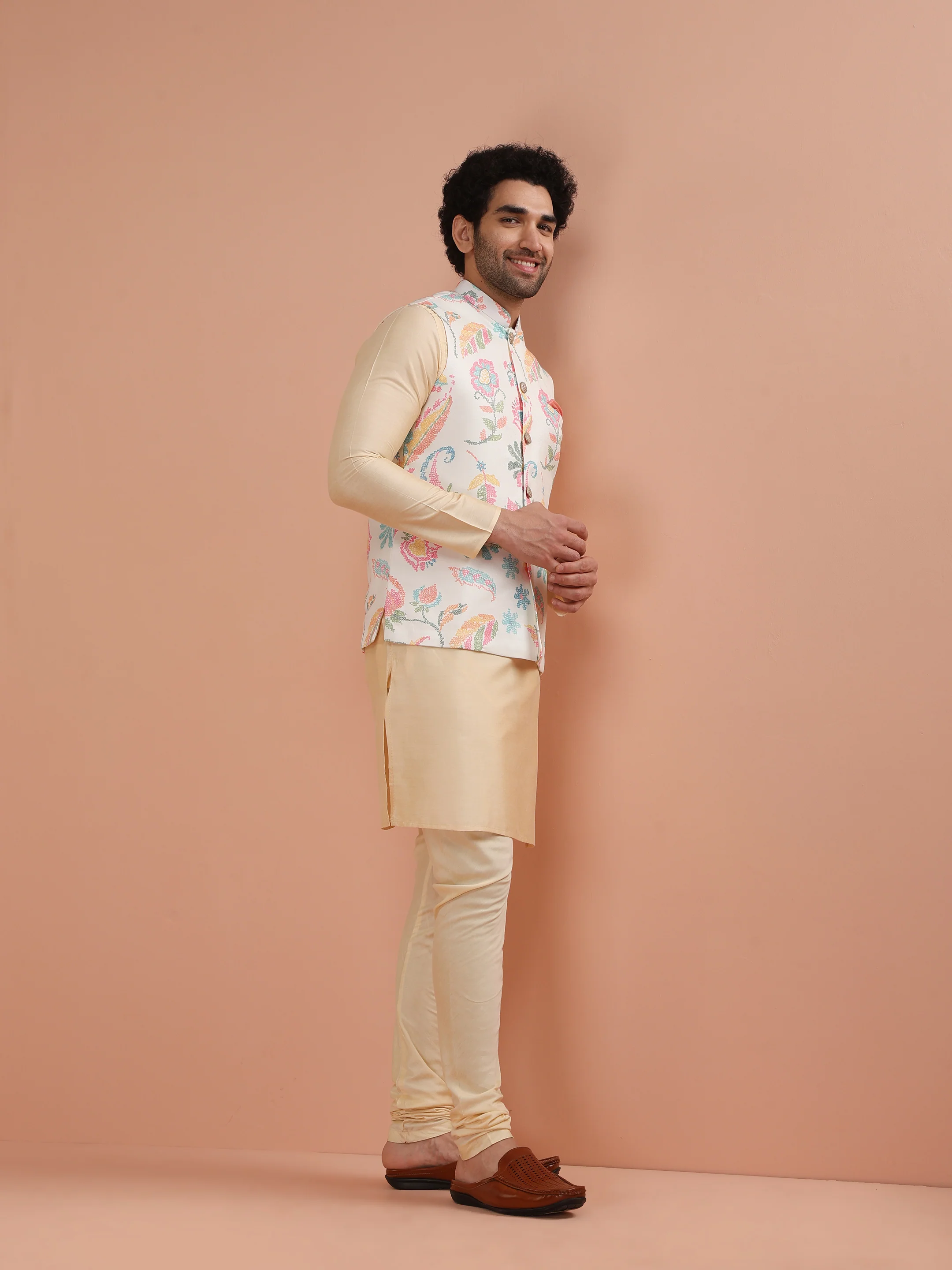 Cream Silk Blend Kurta Jacket Churidar Set - Image 4