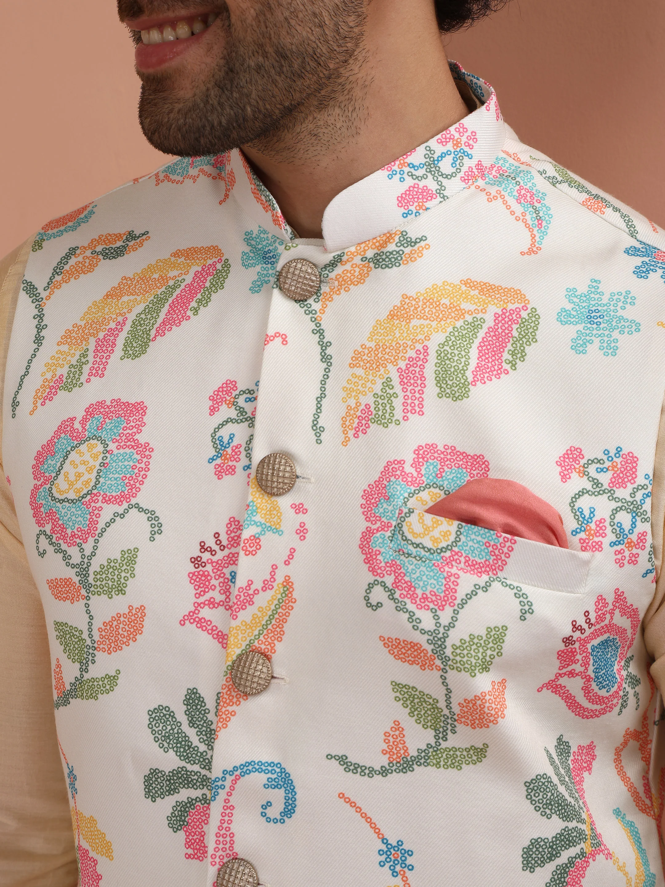 Cream Silk Blend Kurta Jacket Churidar Set - Image 6