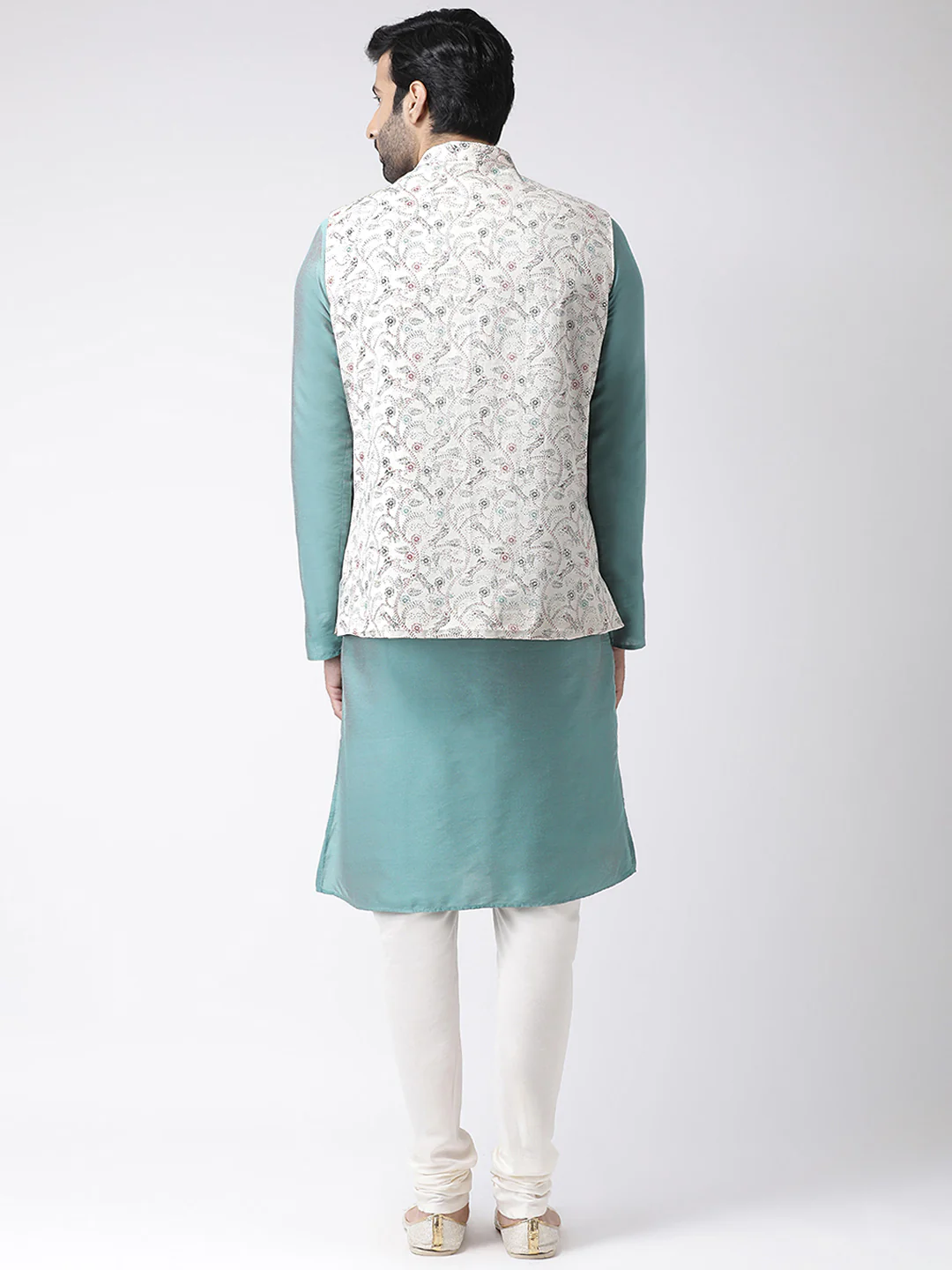 Cream Printed Jacket Aqua Kurta Churidar Set - Image 3