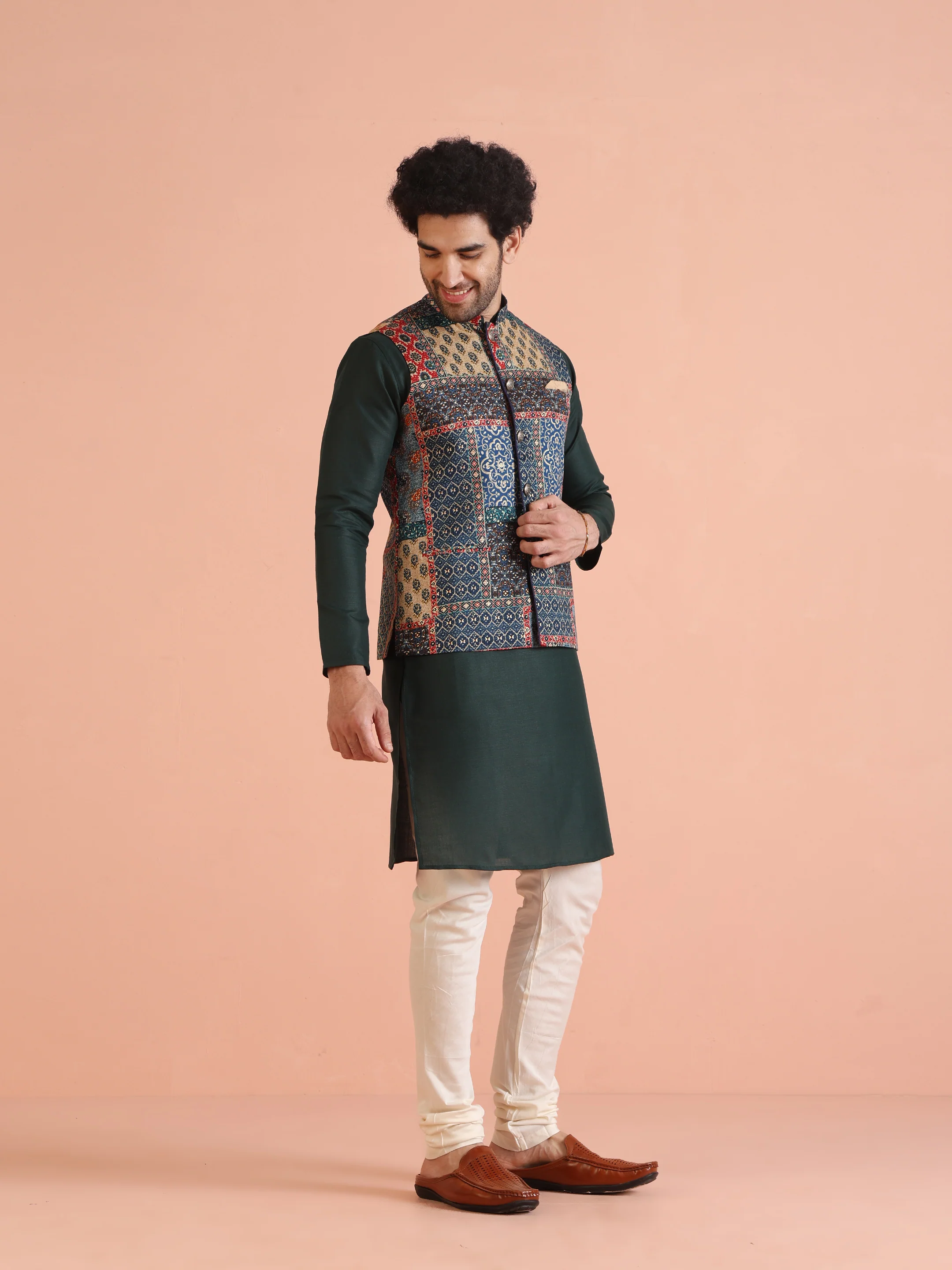 Multi Cotton Printed Jacket Kurta Churidar Set - Image 2