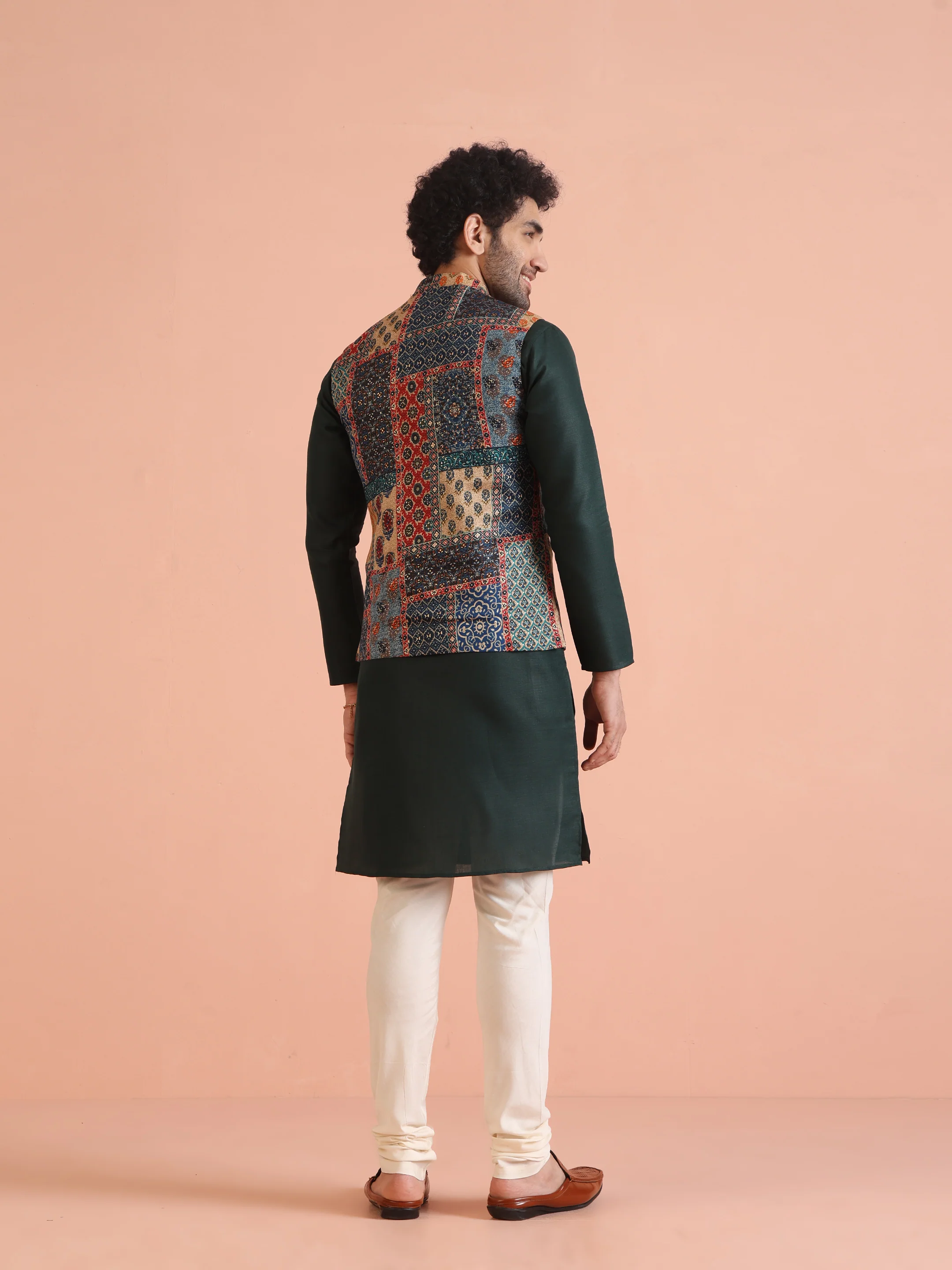 Multi Cotton Printed Jacket Kurta Churidar Set - Image 4
