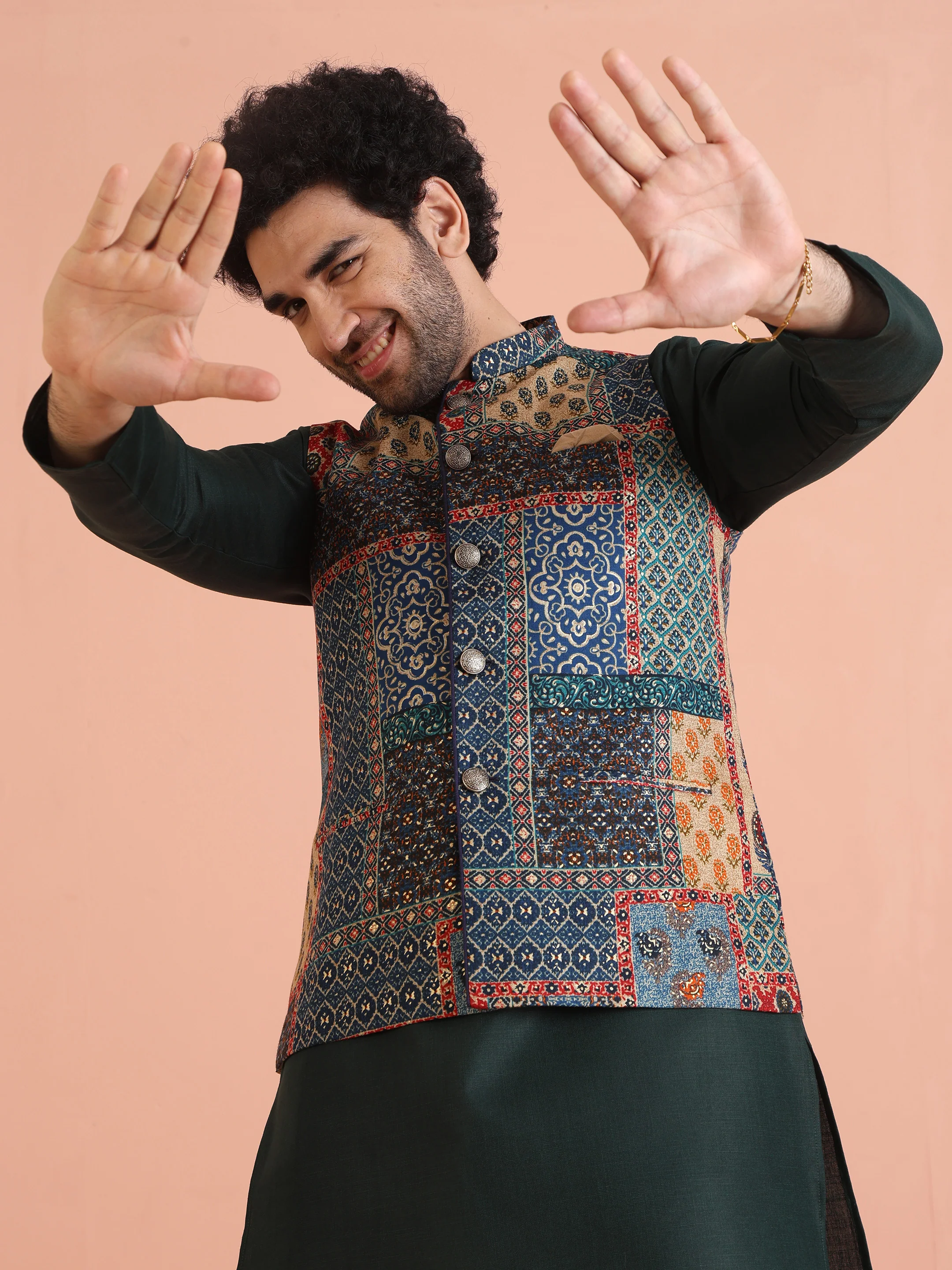 Multi Cotton Printed Jacket Kurta Churidar Set - Image 8