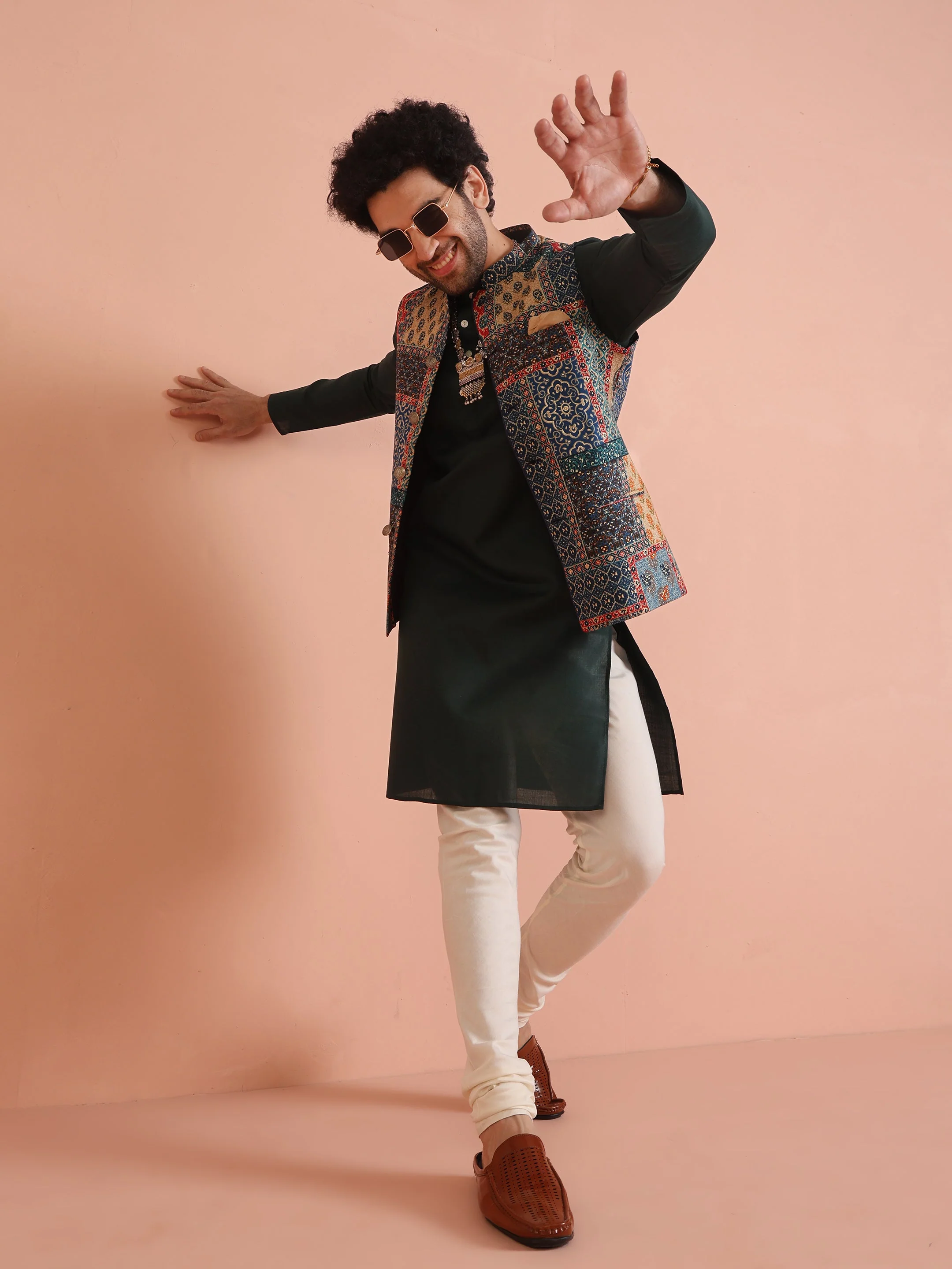 Multi Cotton Printed Jacket Kurta Churidar Set - Image 9