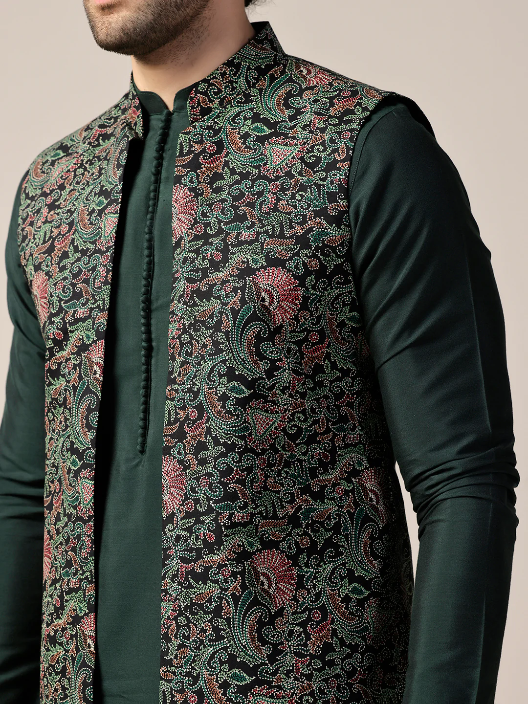 Multi Color Silk Blend Printed Nehru Jacket Set - Image 5