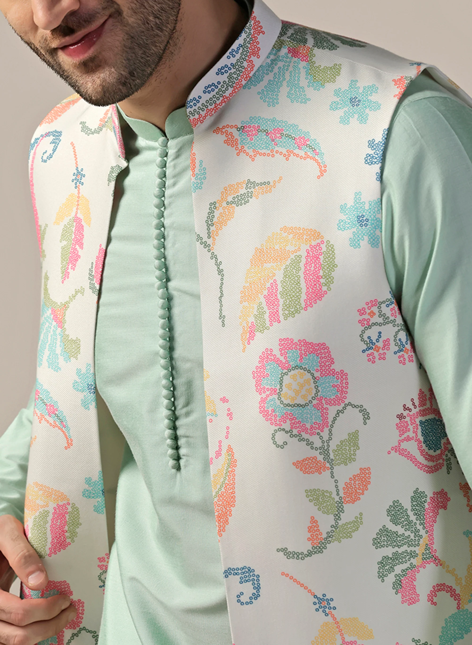 Mint Green Cotton Silk Floral Nehru Jacket Kurta Churidar - Image 5