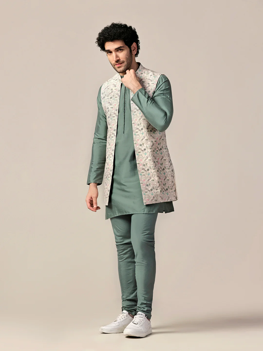 Multicolor Printed Jacket Green Kurta Churidar Set - Image 3