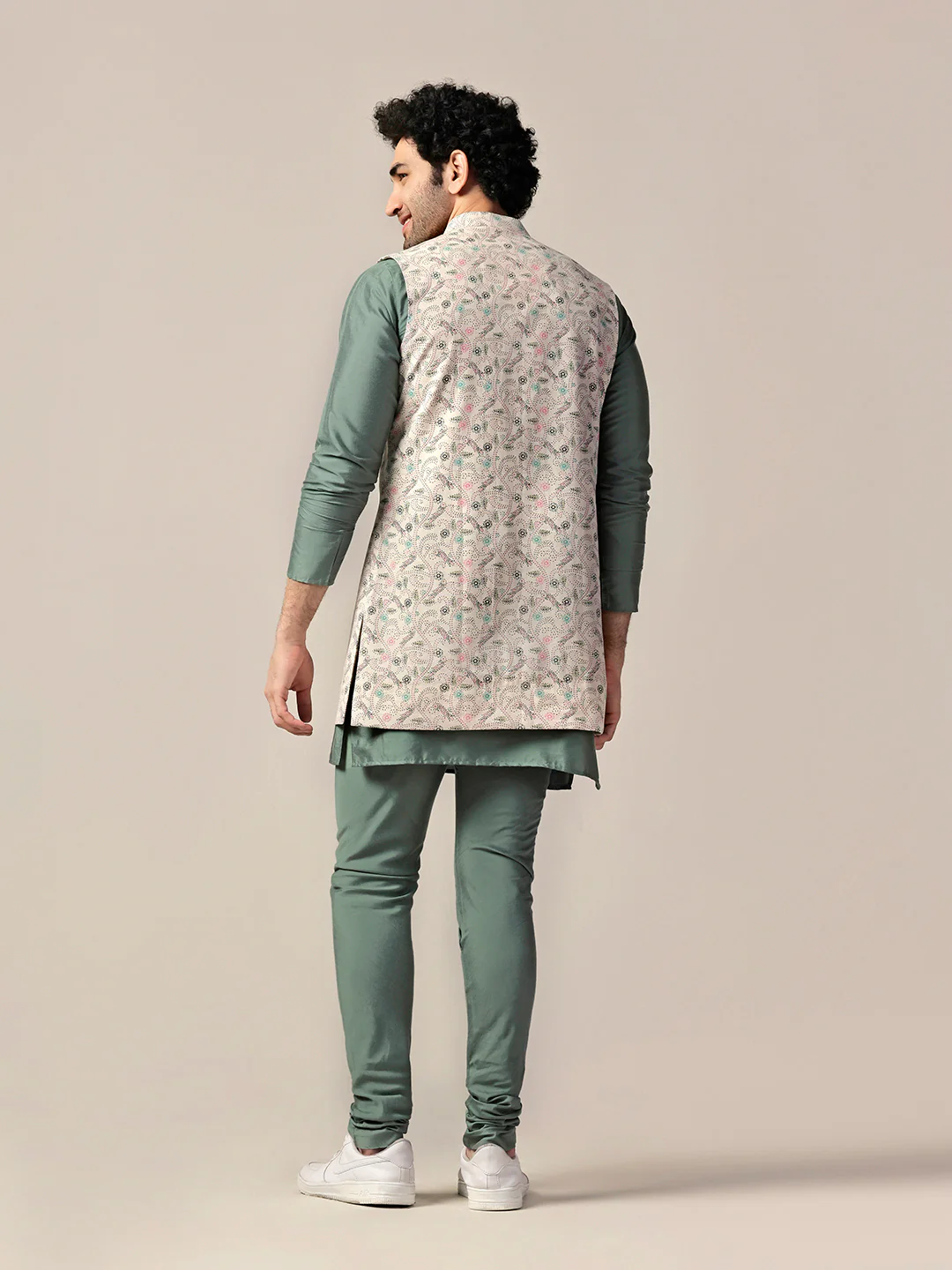 Multicolor Printed Jacket Green Kurta Churidar Set - Image 4