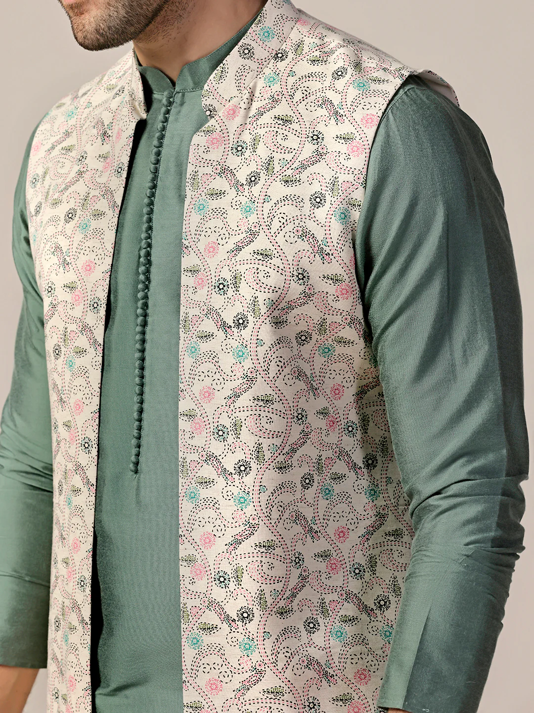 Multicolor Printed Jacket Green Kurta Churidar Set - Image 5