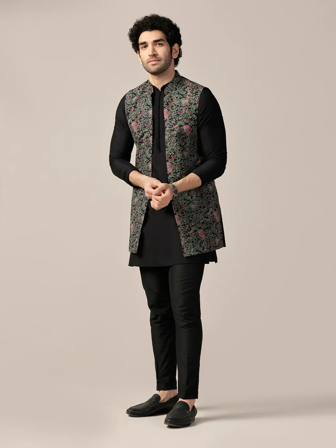 Black Silk Blend Printed Jacket Kurta Trouser Set - Image 3