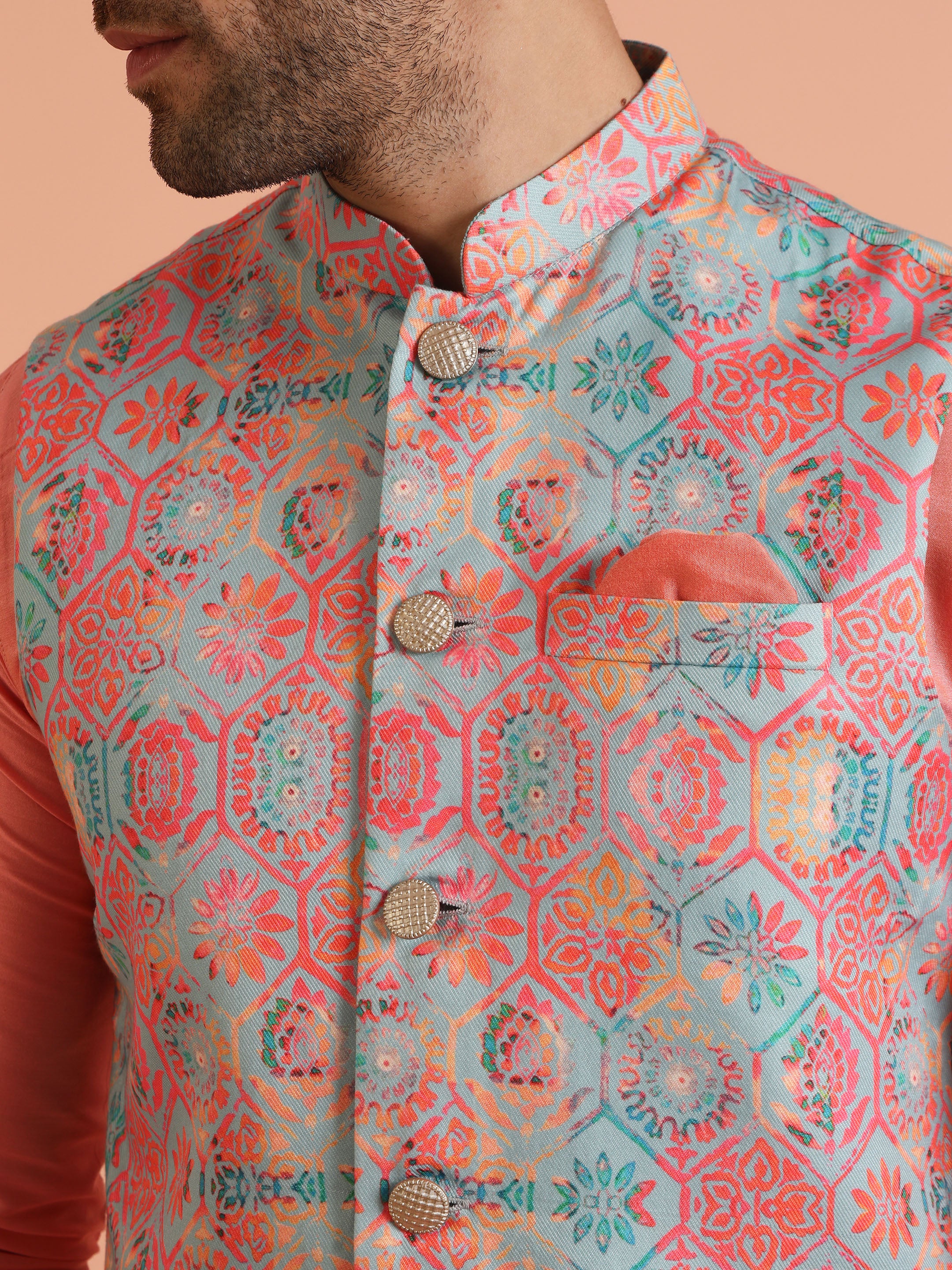 Peach Printed Jacket Kurta Ivory Trouser Set - Image 5