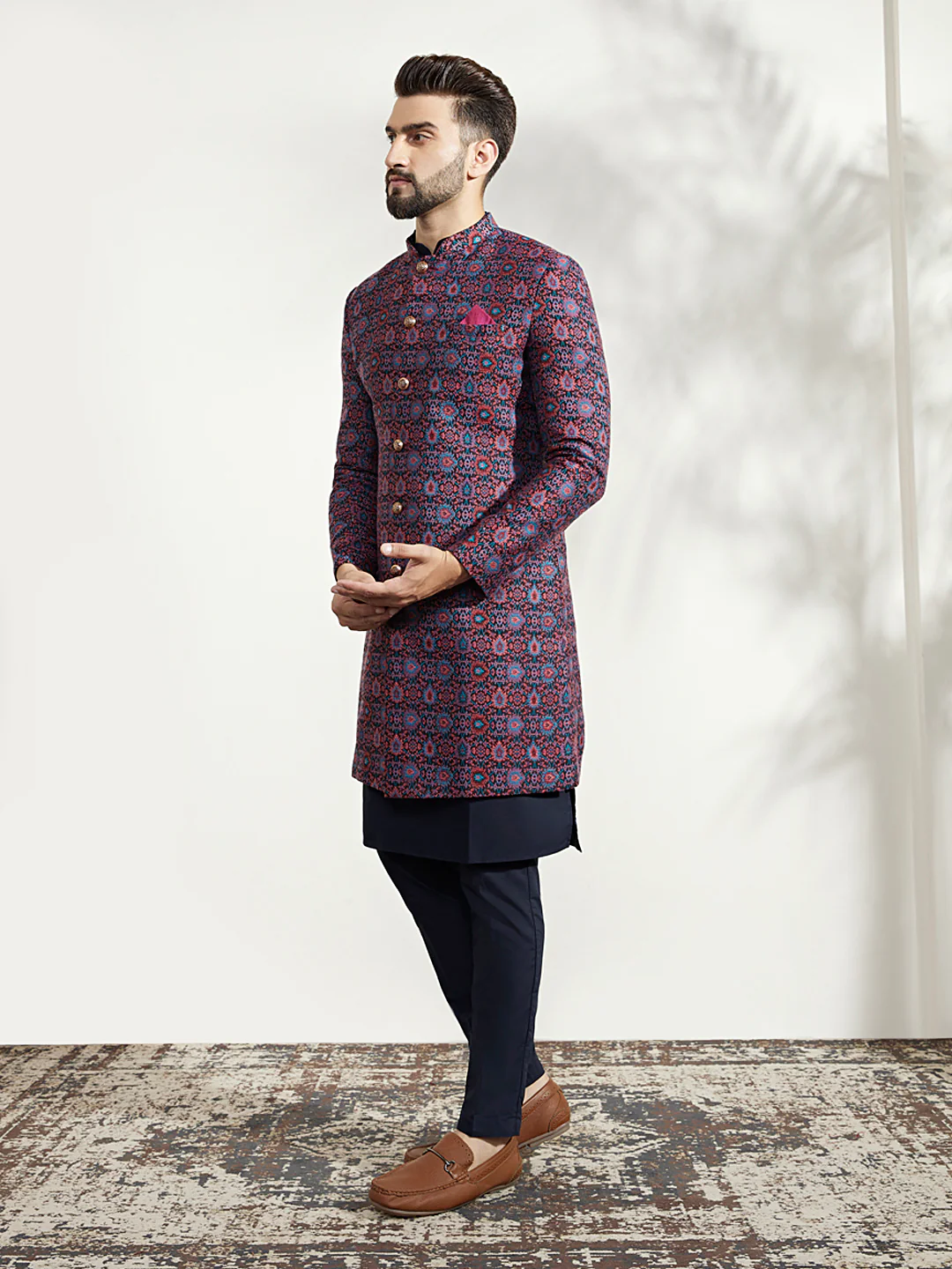 Men Multi Coloured Textured Kurta Indowestern Trouser Set - Image 3