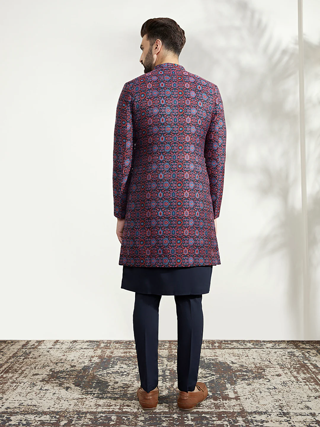 Men Multi Coloured Textured Kurta Indowestern Trouser Set - Image 4