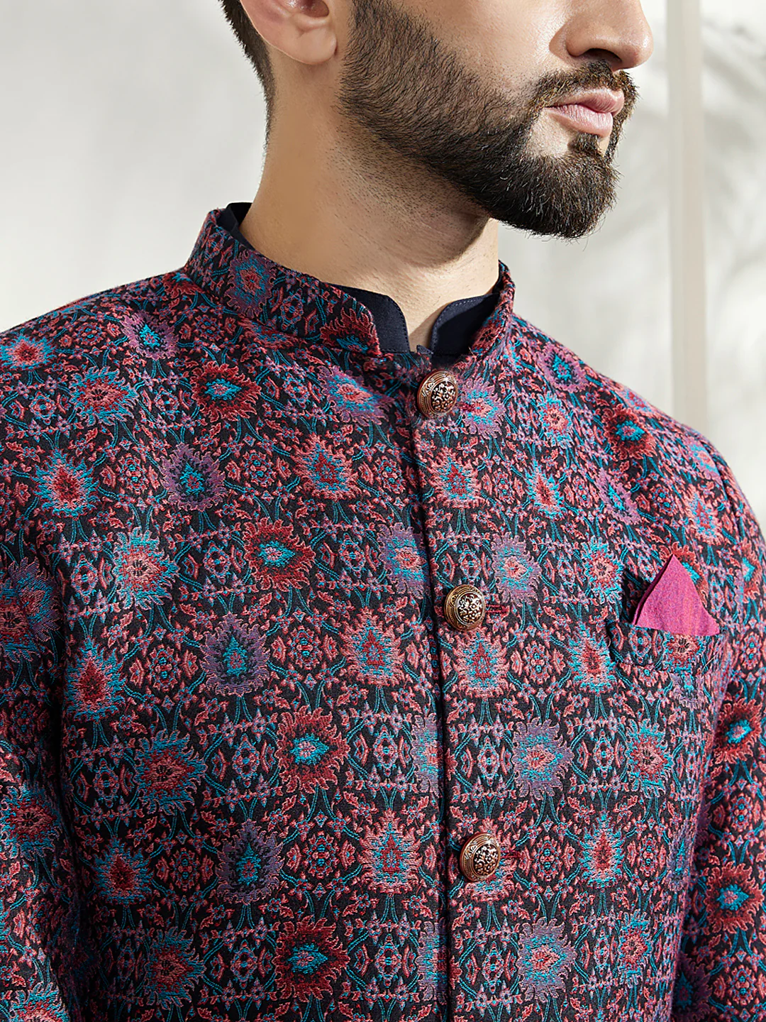 Men Multi Coloured Textured Kurta Indowestern Trouser Set - Image 5