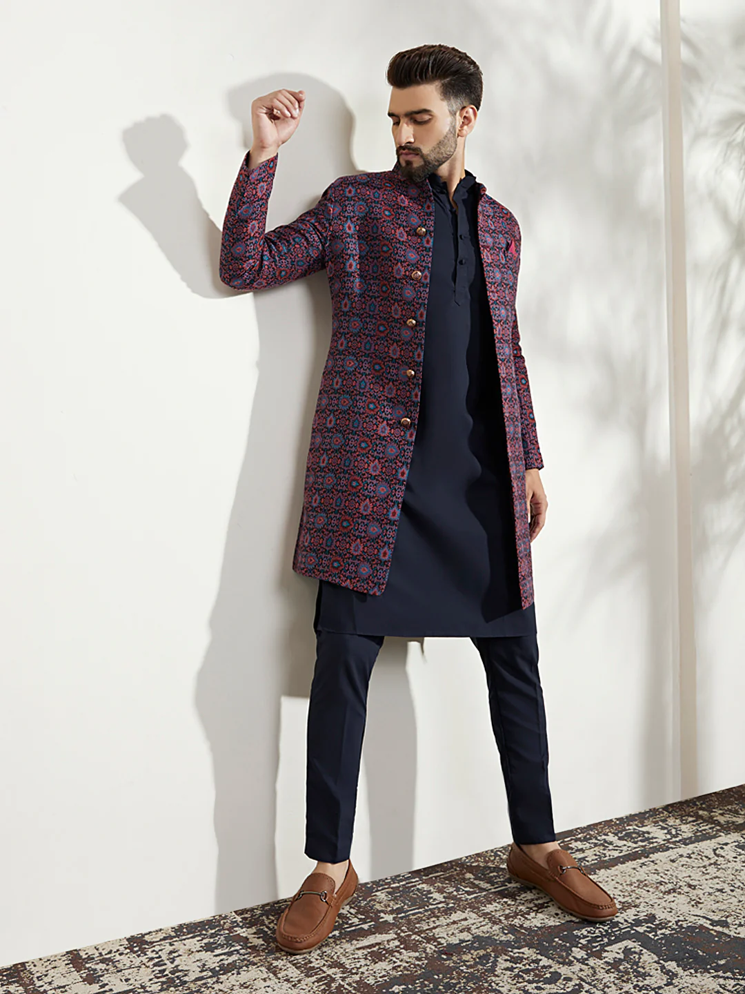 Men Multi Coloured Textured Kurta Indowestern Trouser Set - Image 8