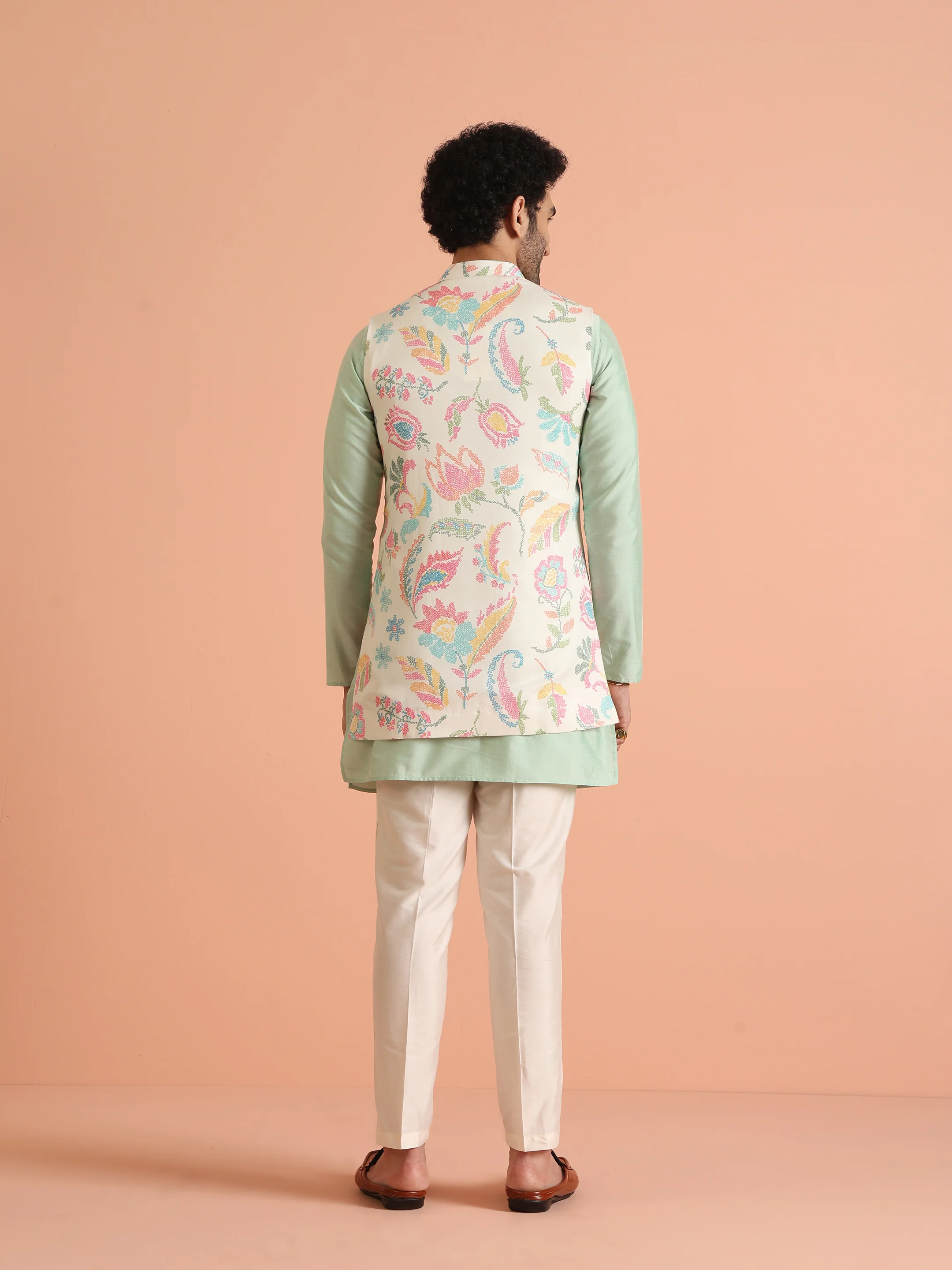 Mint Green Cotton Silk Floral Nehru Jacket Kurta Trouser - Image 4
