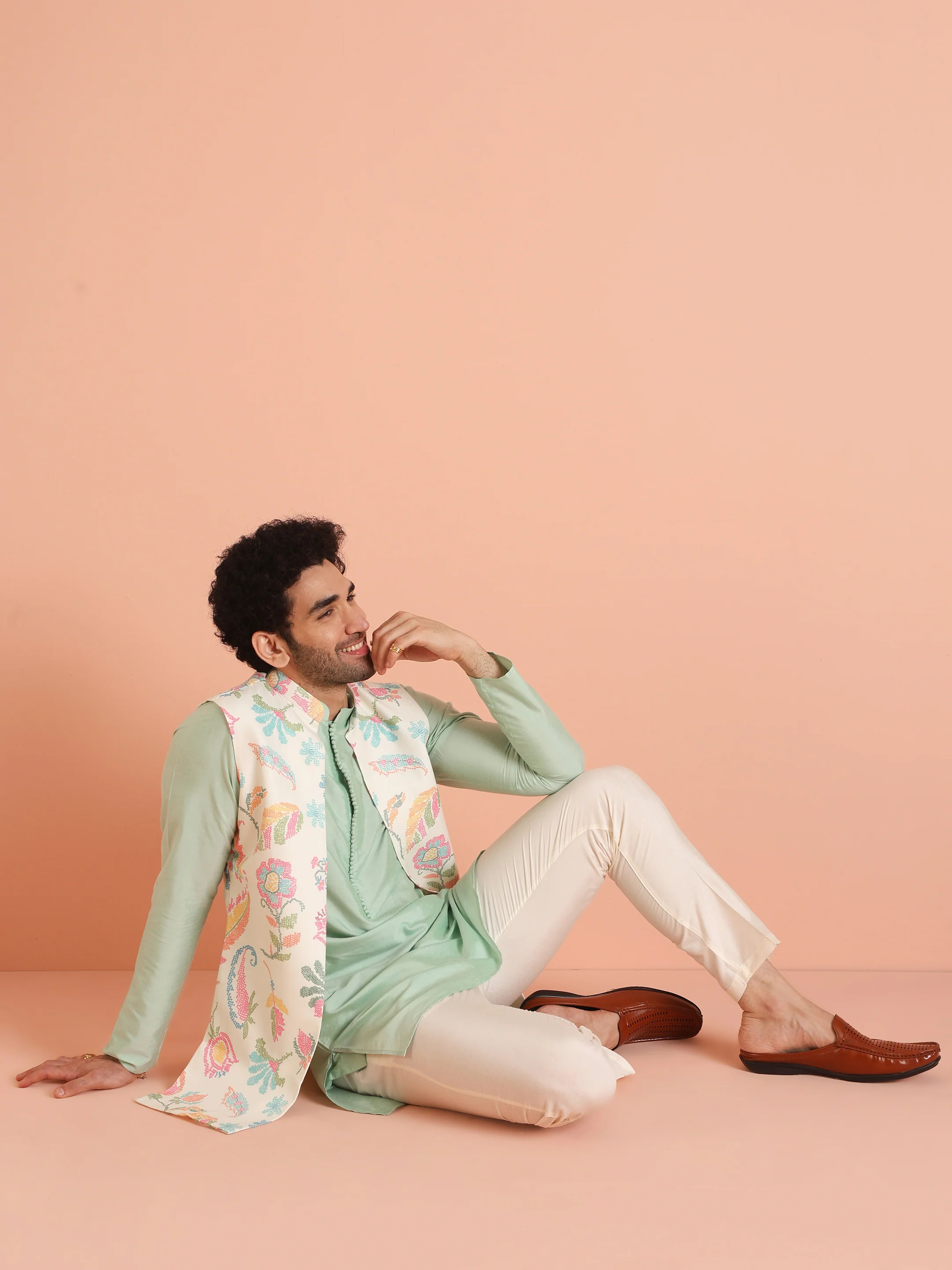 Mint Green Cotton Silk Floral Nehru Jacket Kurta Trouser - Image 8
